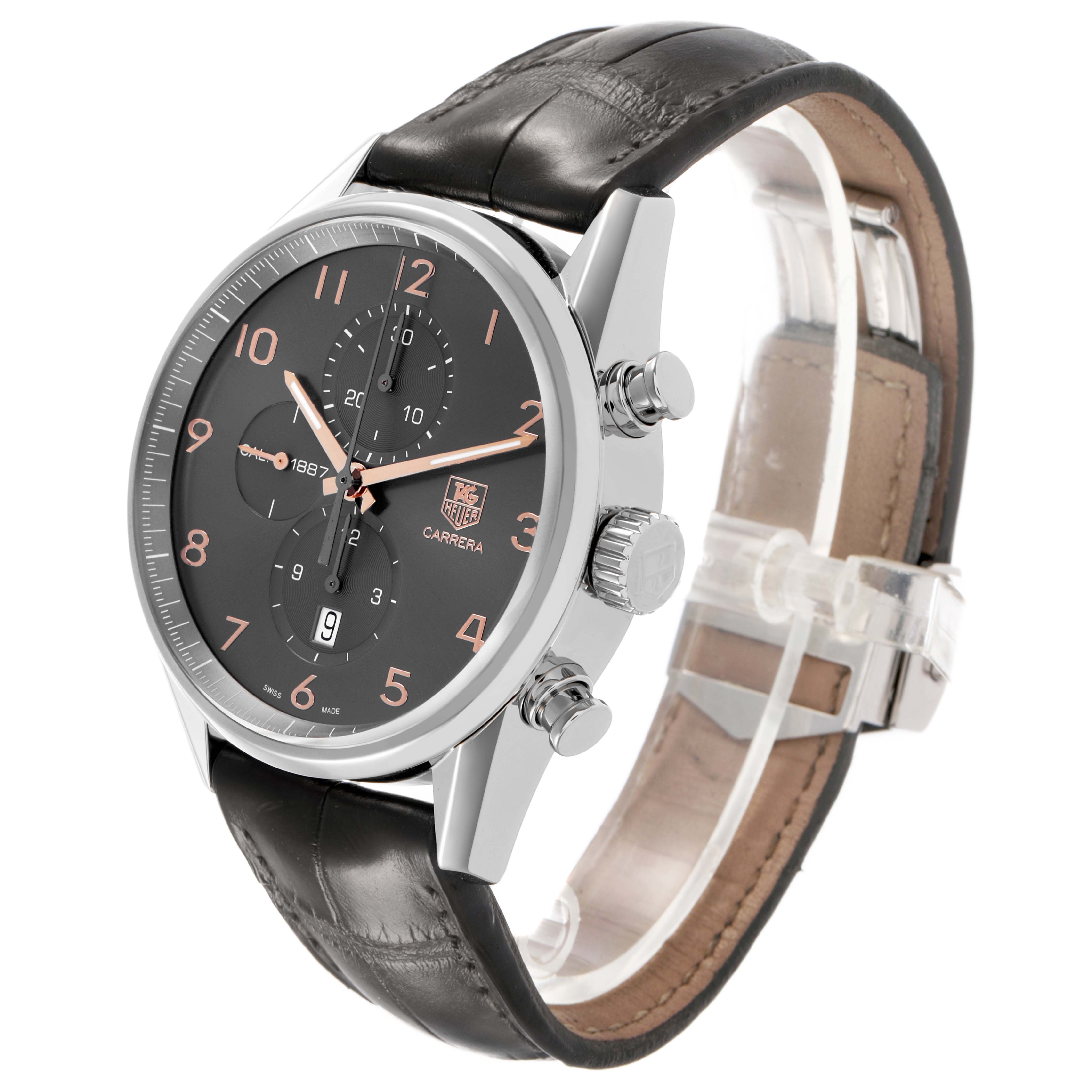 The Tag Heuer Carrera CAR2013.FC6313 Men's Stainless Steel Grey Dial watch is shown at an angle displaying the dial, side pushers, and leather strap.