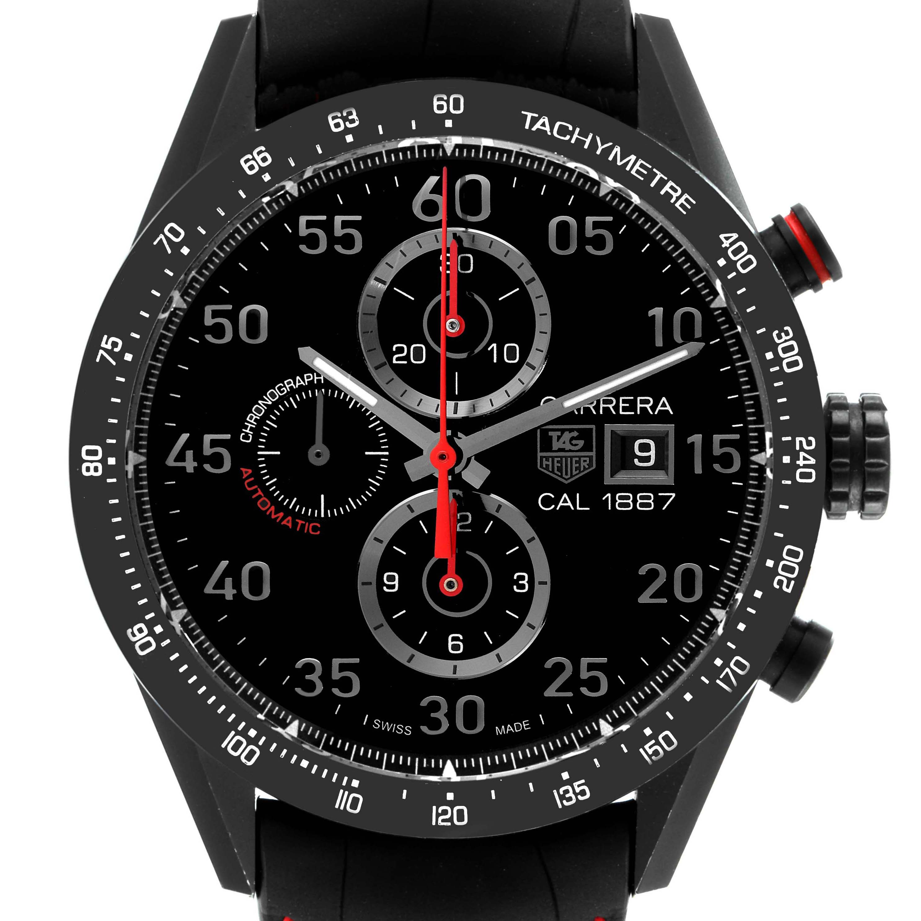 The image shows a front view of a Tag Heuer Carrera CAR2A80-FC6237 Men's Titanium Black Dial CAR2A80-FC6237 Men's Titanium Black Dial watch, displaying its dial, tachymeter bezel, and chronograph subdials.
