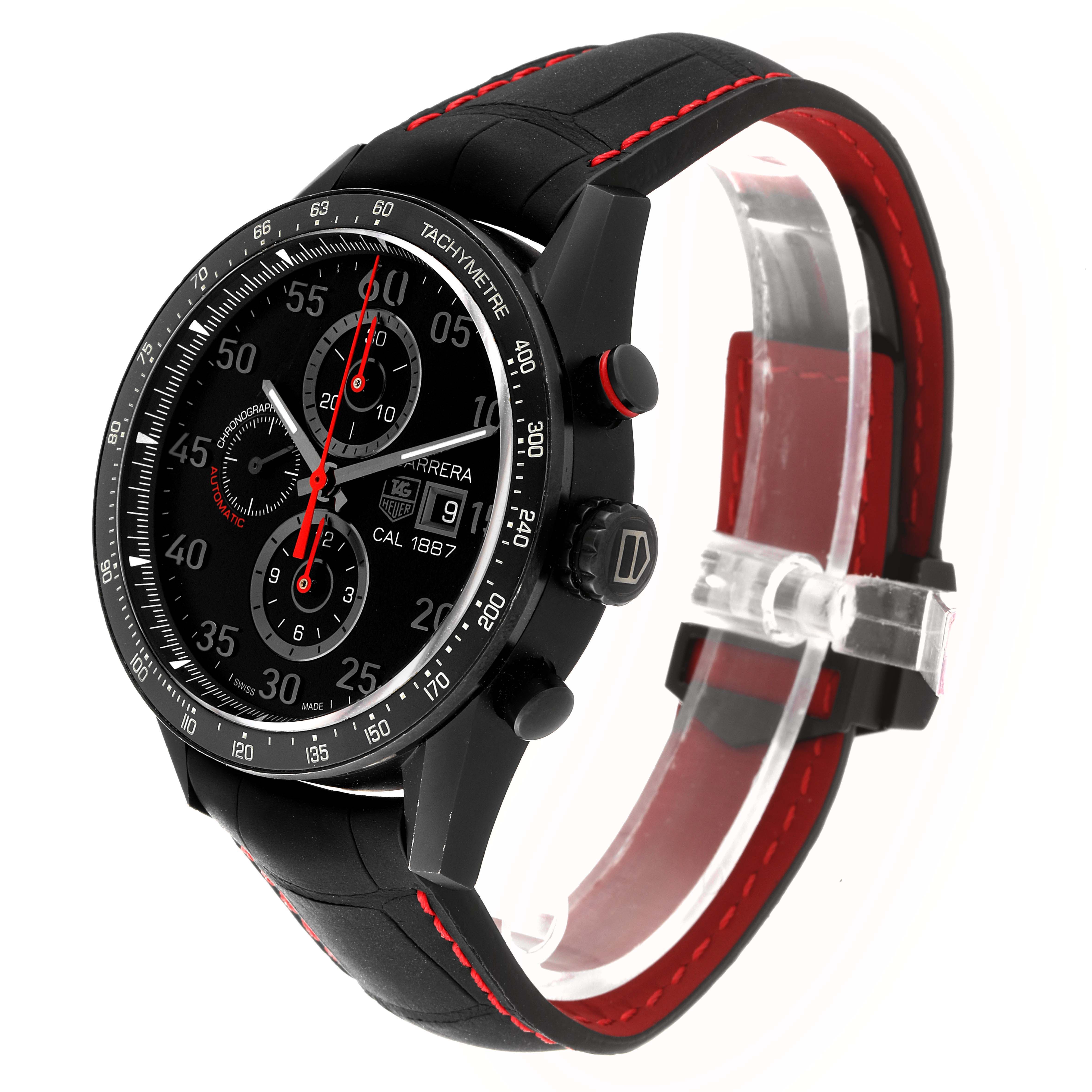 The image shows a three-quarter view of a Tag Heuer Carrera CAR2A80-FC6237 Men's Titanium Black Dial CAR2A80-FC6237 Men's Titanium Black Dial watch highlighting its face, tachymeter bezel, and black with red-stitched strap.