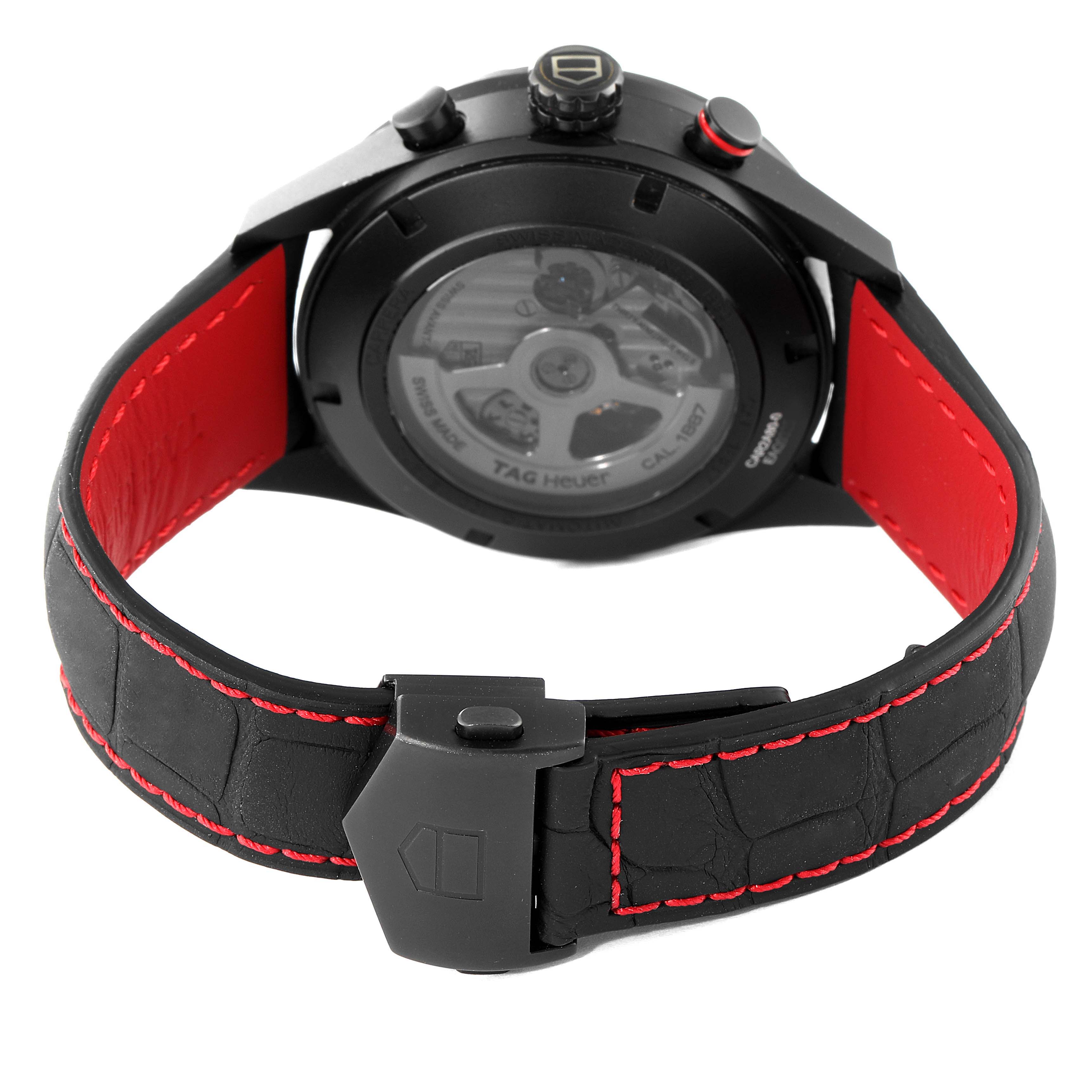 The image shows the back view of a Tag Heuer Carrera CAR2A80-FC6237 Men's Titanium Black Dial CAR2A80-FC6237 Men's Titanium Black Dial watch, highlighting the case back, crown, pushers, and red-stitched black strap.