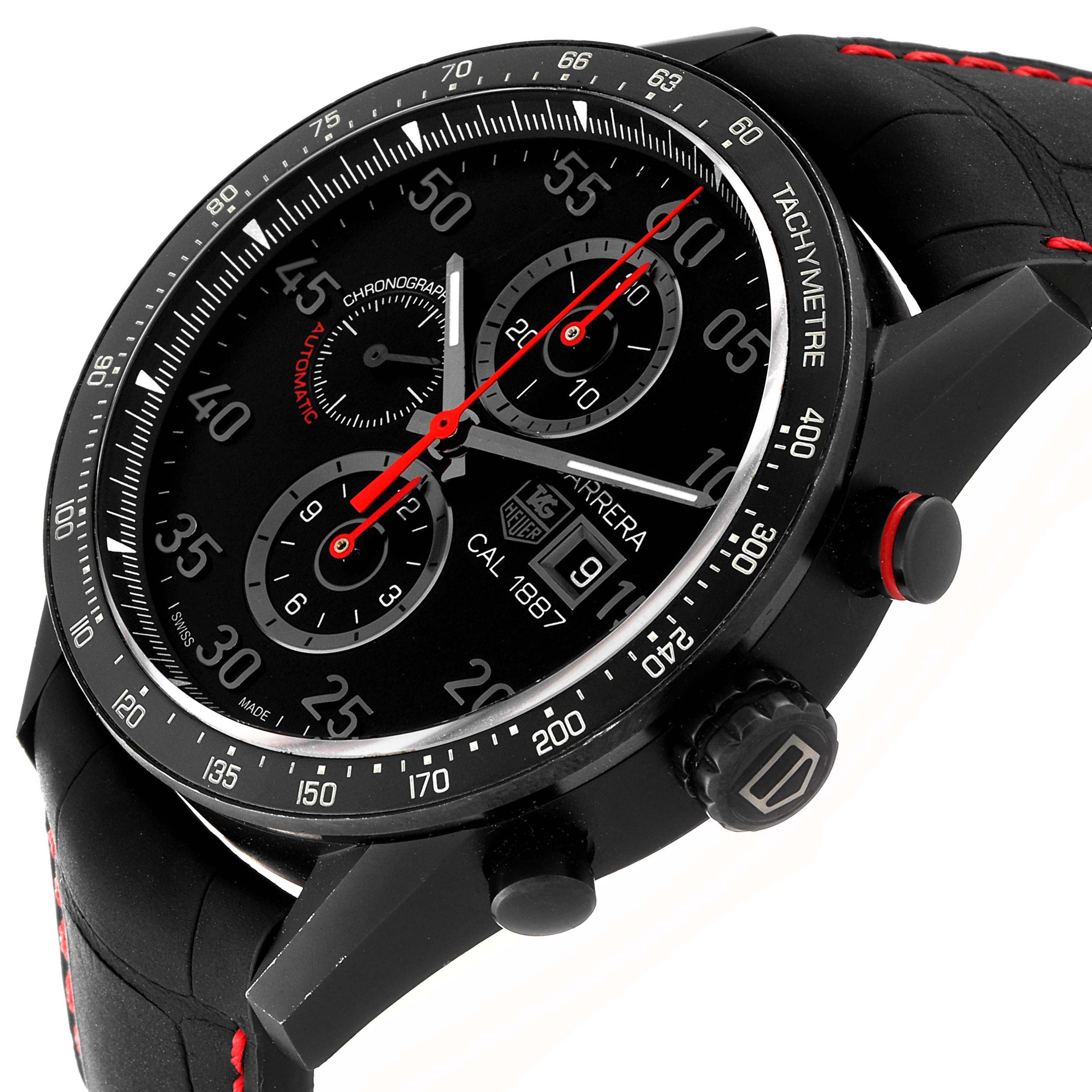 This image shows a close-up view of the face and side buttons of the Tag Heuer Carrera CAR2A80-FC6237 Men's Titanium Black Dial CAR2A80-FC6237 Men's Titanium Black Dial watch model.