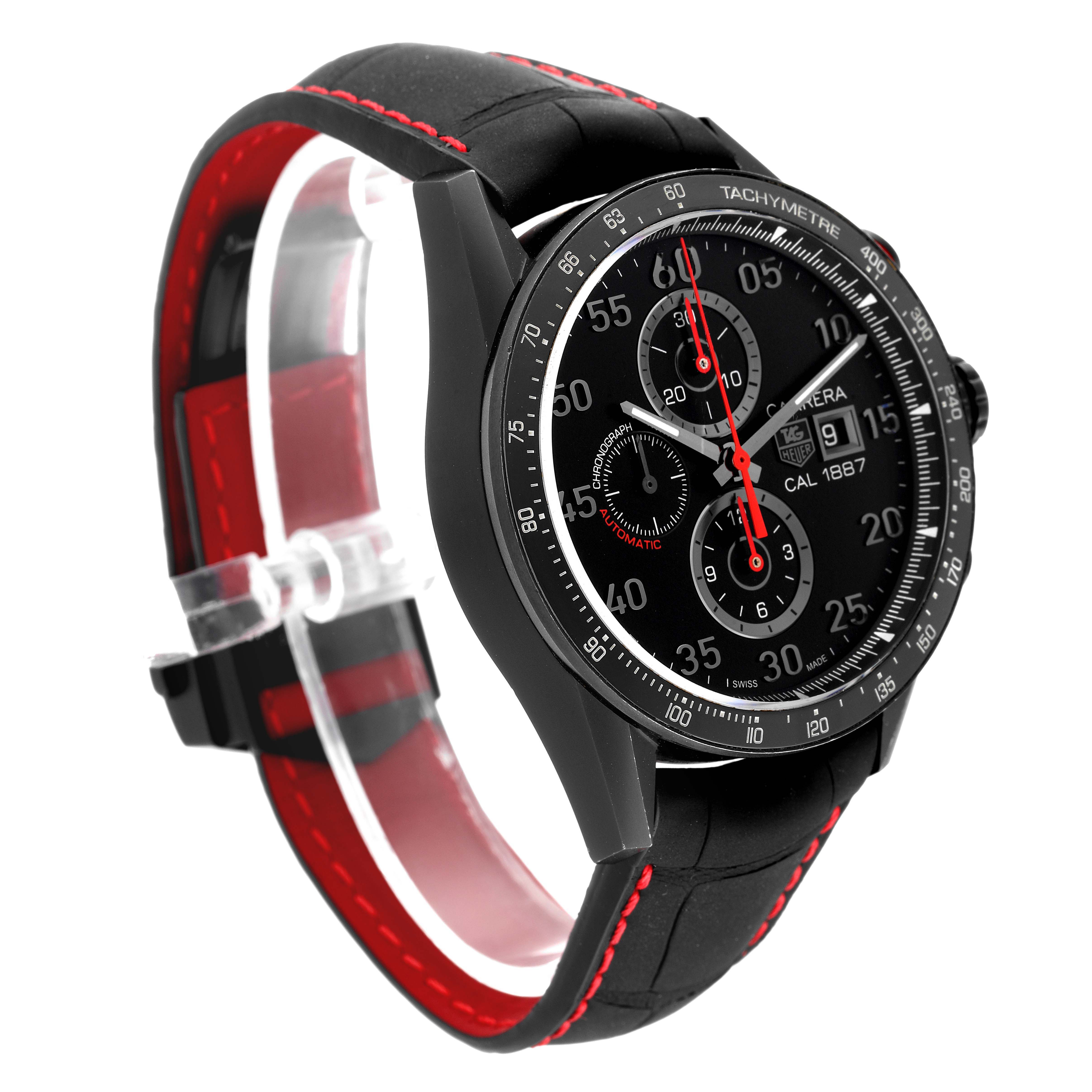 This Tag Heuer Carrera CAR2A80-FC6237 Men's Titanium Black Dial CAR2A80-FC6237 Men's Titanium Black Dial watch is shown from a left-side angle, displaying the face, bezel, and part of the strap.