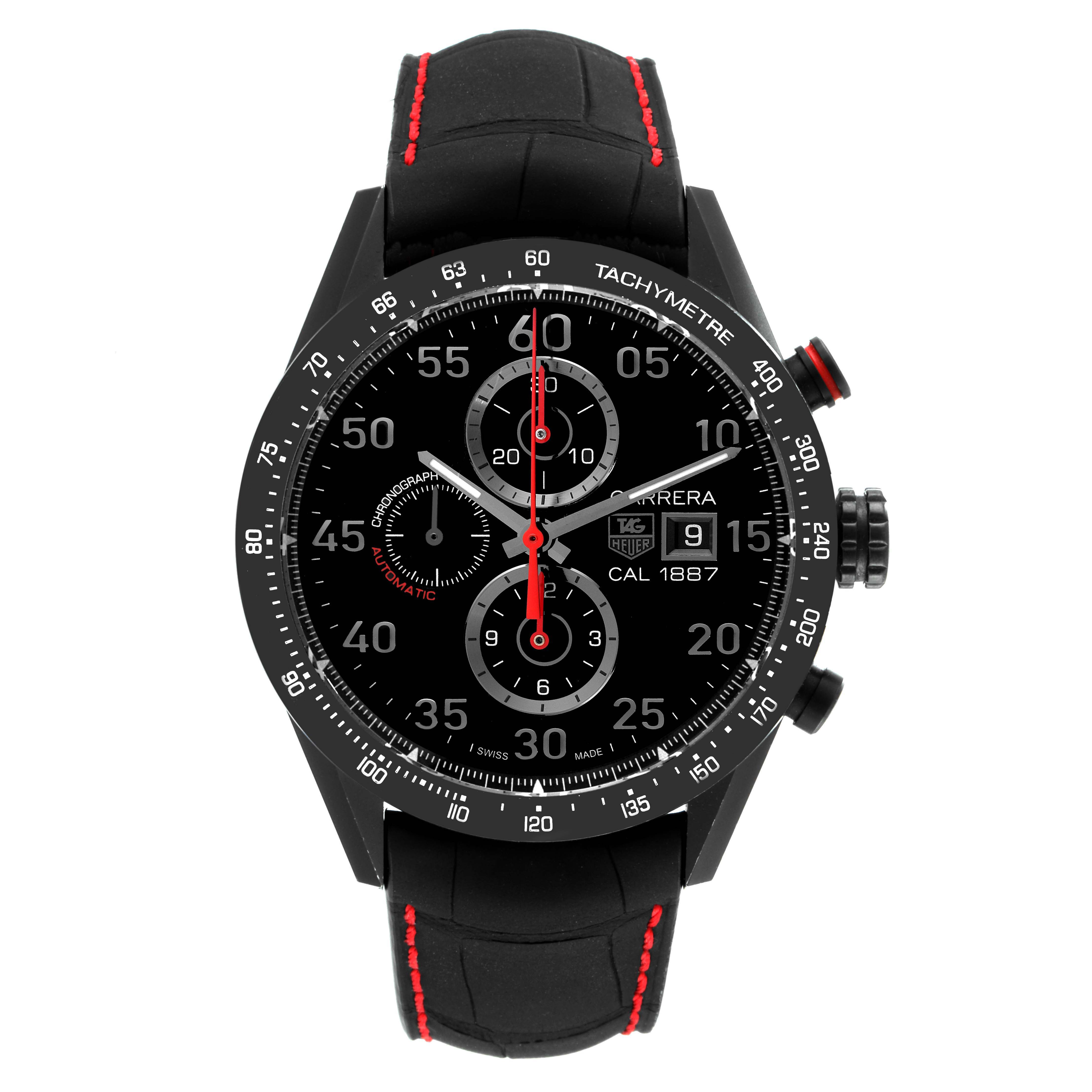 The image shows a front view of the Tag Heuer Carrera CAR2A80-FC6237 Men's Titanium Black Dial CAR2A80-FC6237 Men's Titanium Black Dial watch, displaying its black dial, chronograph features, and strap with red stitching.