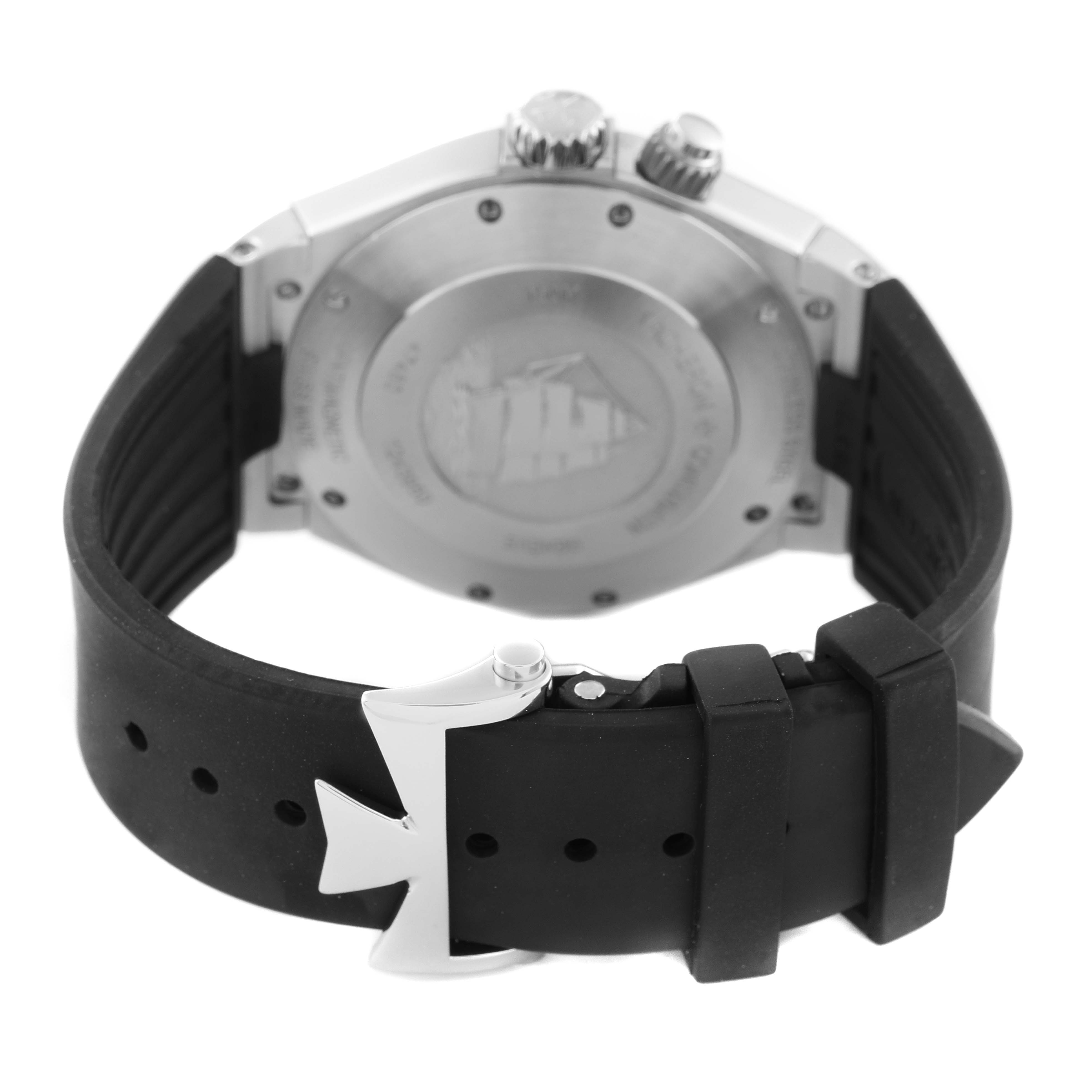 The image displays the back view of a Vacheron Constantin Overseas 47450/000W-9511 Men
s Stainless Steel Black Dial 47450/000W-9511 Men
s Stainless Steel Black Dial watch, highlighting its case back and rubber strap with a clasp.
