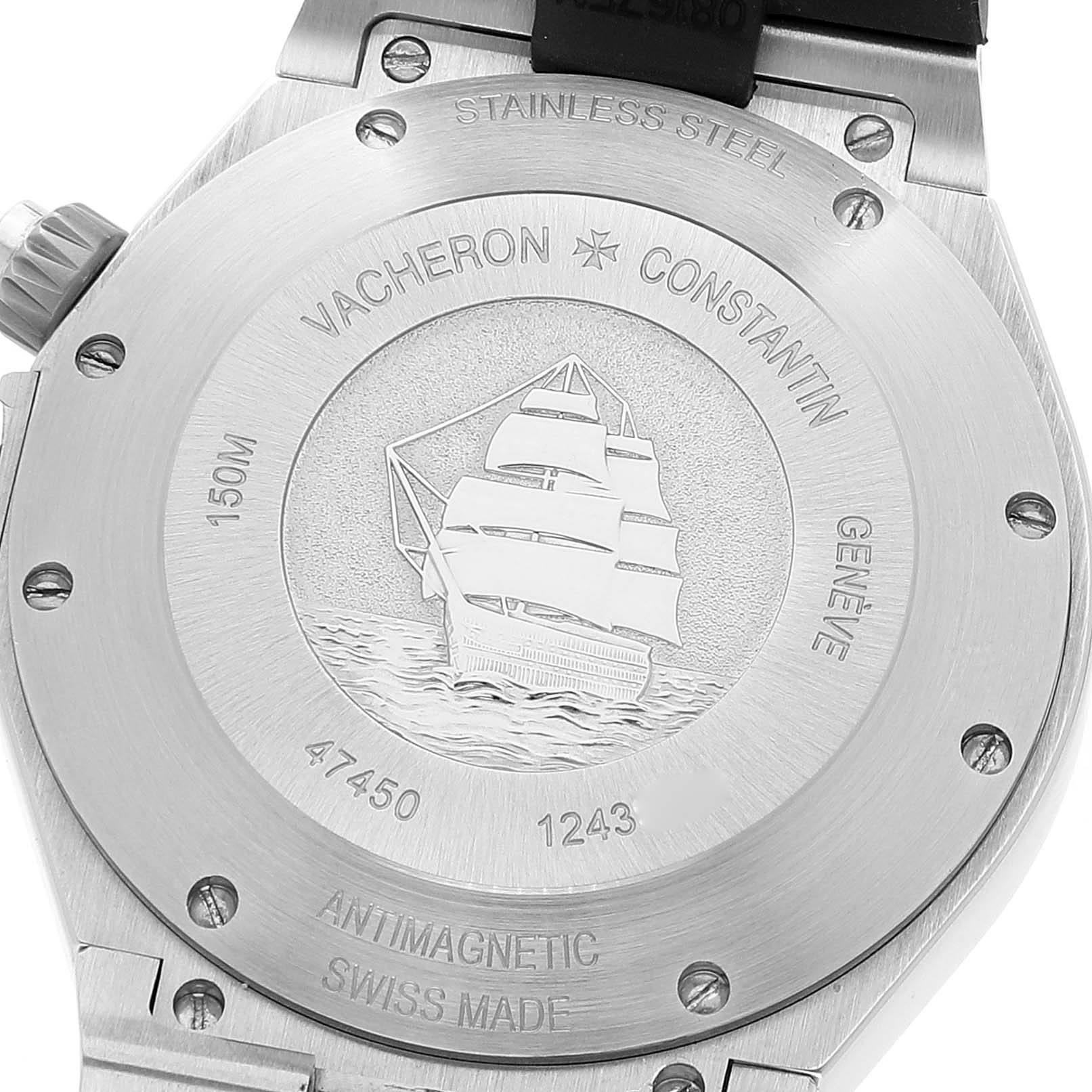 The image shows the back case of the Vacheron Constantin Overseas 47450/000W-9511 Men
s Stainless Steel Black Dial 47450/000W-9511 Men
s Stainless Steel Black Dial model, featuring an engraving of a ship.