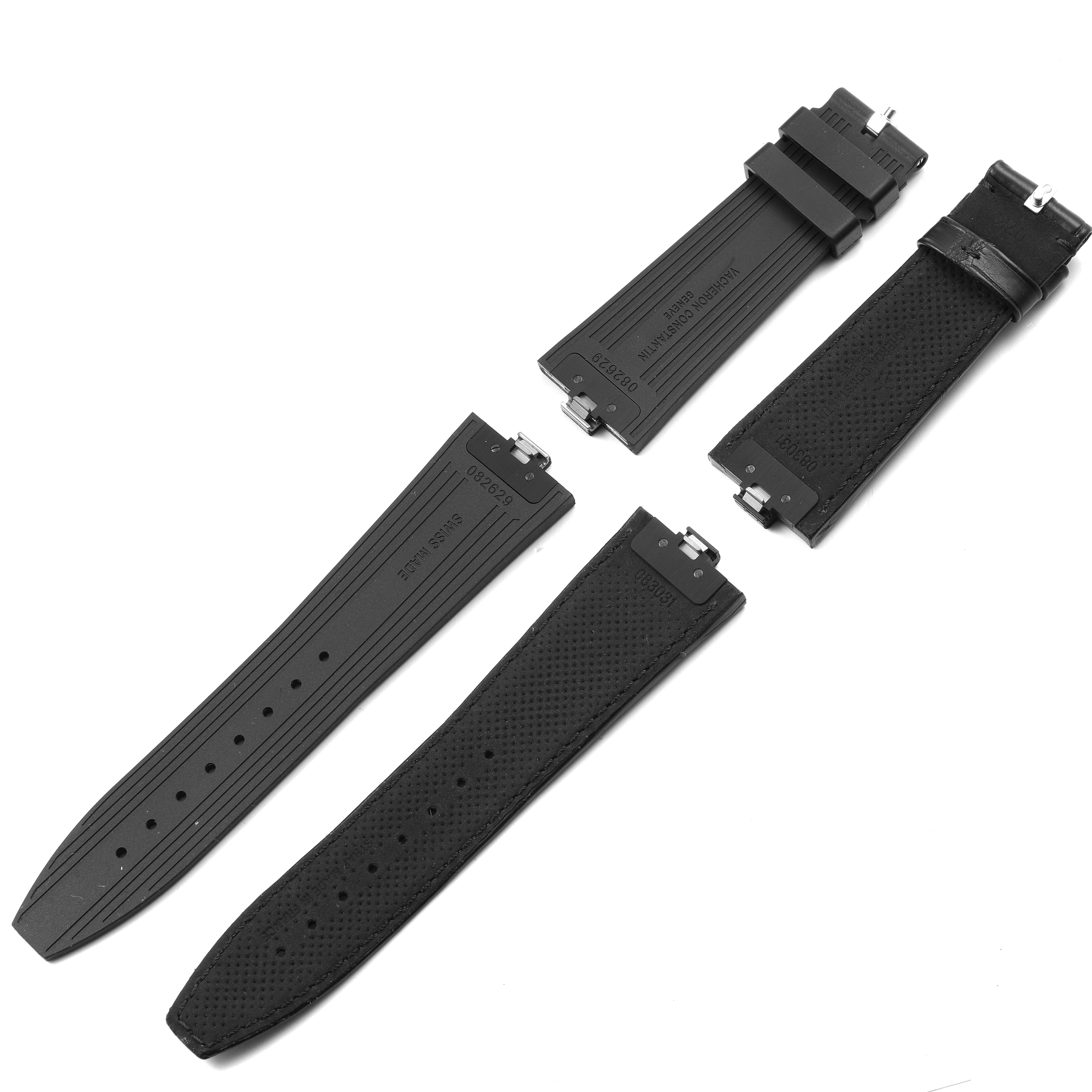 This image shows four interchangeable black straps for the Vacheron Constantin Overseas 7900V/110A Men's Stainless Steel Silver Dial 7900V/110A Men's Stainless Steel Silver Dial watch model, viewed from the top.