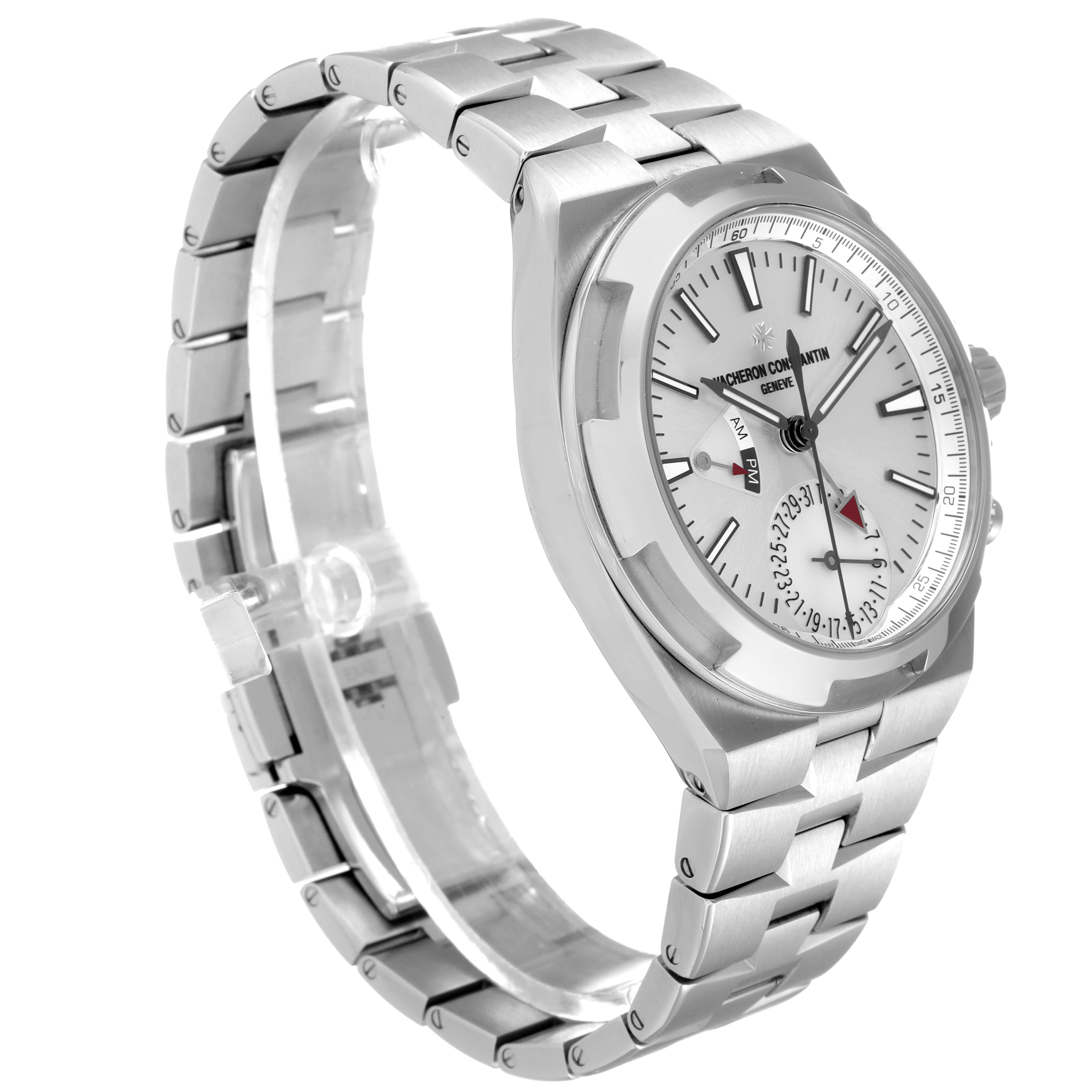 The Vacheron Constantin Overseas 7900V/110A Men's Stainless Steel Silver Dial 7900V/110A Men's Stainless Steel Silver Dial model watch is shown at a three-quarter angle, displaying the dial, crown, and stainless steel bracelet.