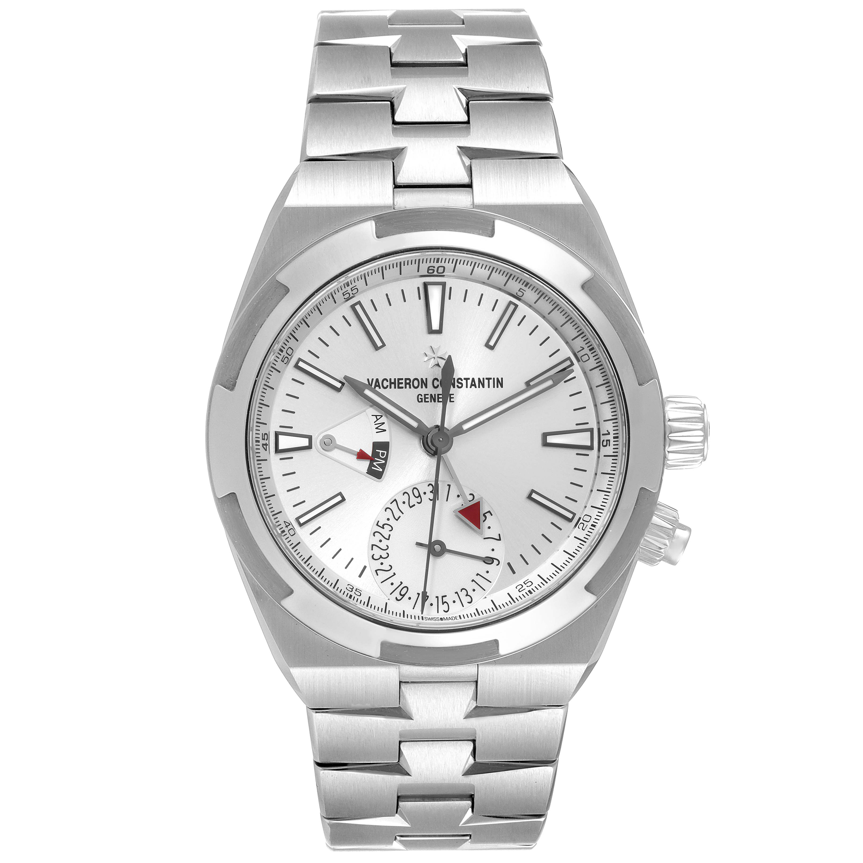 This Vacheron Constantin Overseas 7900V/110A Men's Stainless Steel Silver Dial 7900V/110A Men's Stainless Steel Silver Dial model watch is shown from a frontal angle, displaying the face, bezel, and bracelet.