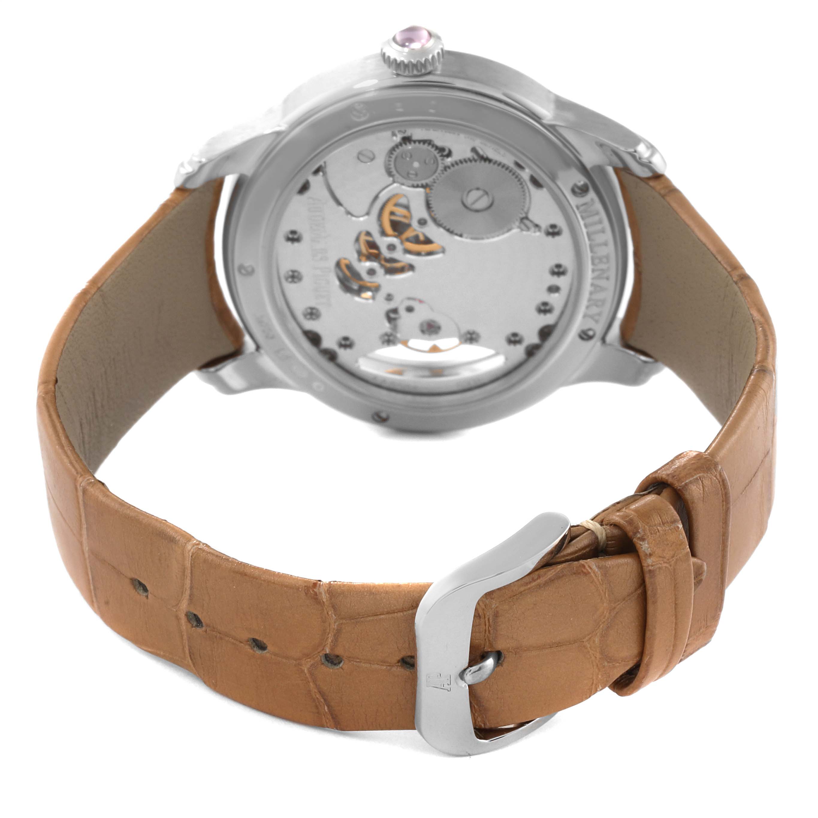 The Audemars Piguet Millenary 77247BC.ZZ.A813CR.01 Women's White Gold Mother of Pearl Dial 77247BC.ZZ.A813CR.01 Women's White Gold Mother of Pearl Dial watch is shown from the back, revealing its open case back and leather strap.