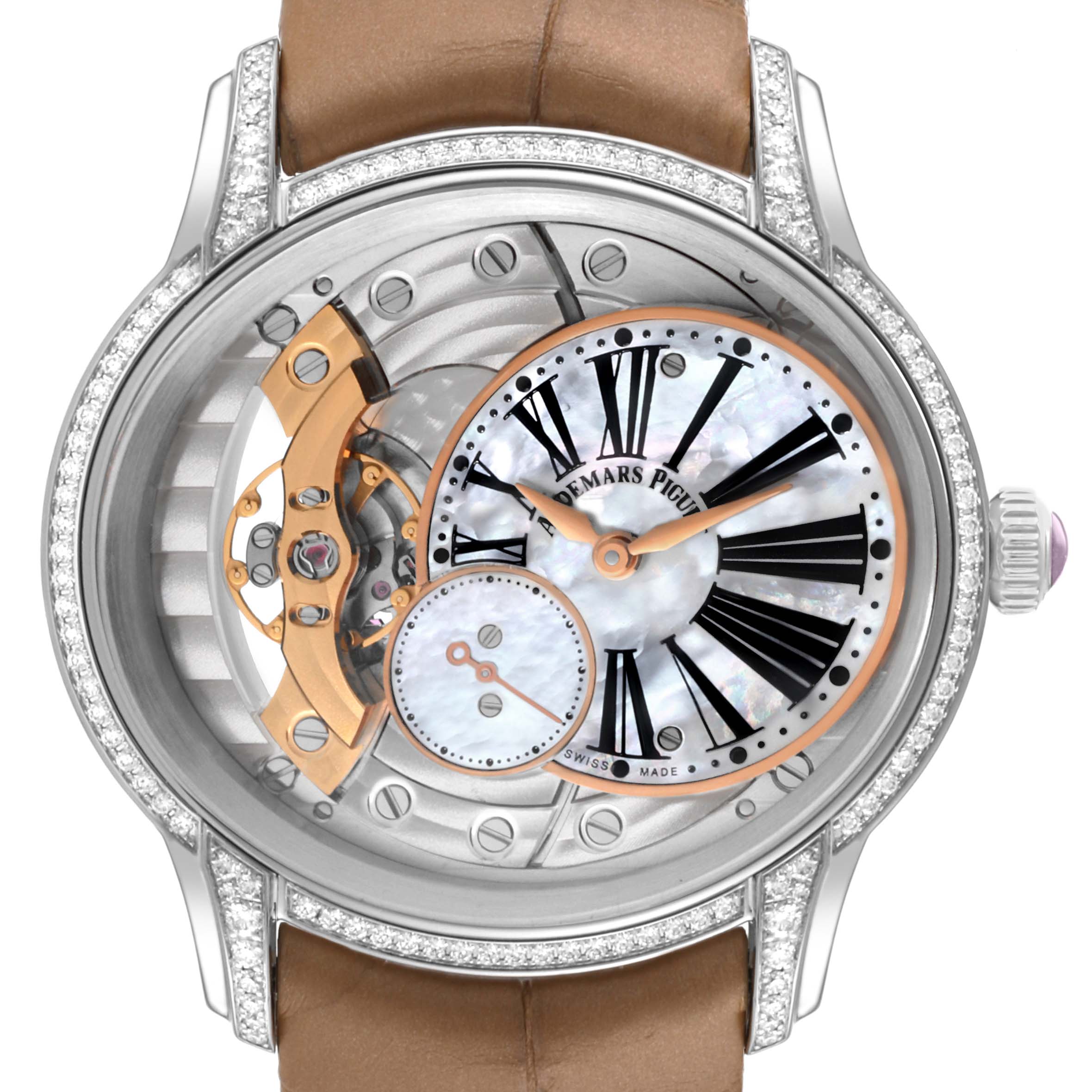The Audemars Piguet Millenary 77247BC.ZZ.A813CR.01 Women's White Gold Mother of Pearl Dial 77247BC.ZZ.A813CR.01 Women's White Gold Mother of Pearl Dial watch is shown from a front angle, highlighting its offset dial and visible movement parts.