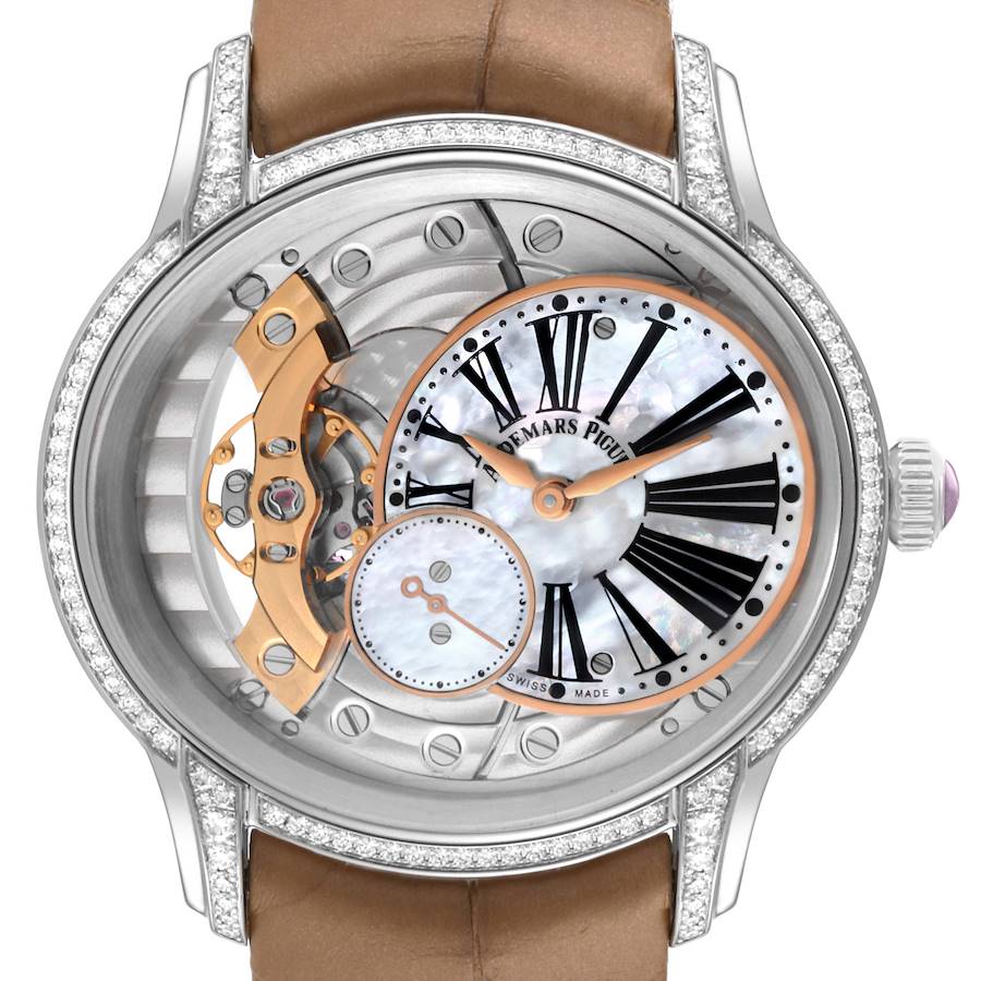 The Audemars Piguet Millenary watch is shown from a front angle, highlighting its offset dial and visible movement parts.