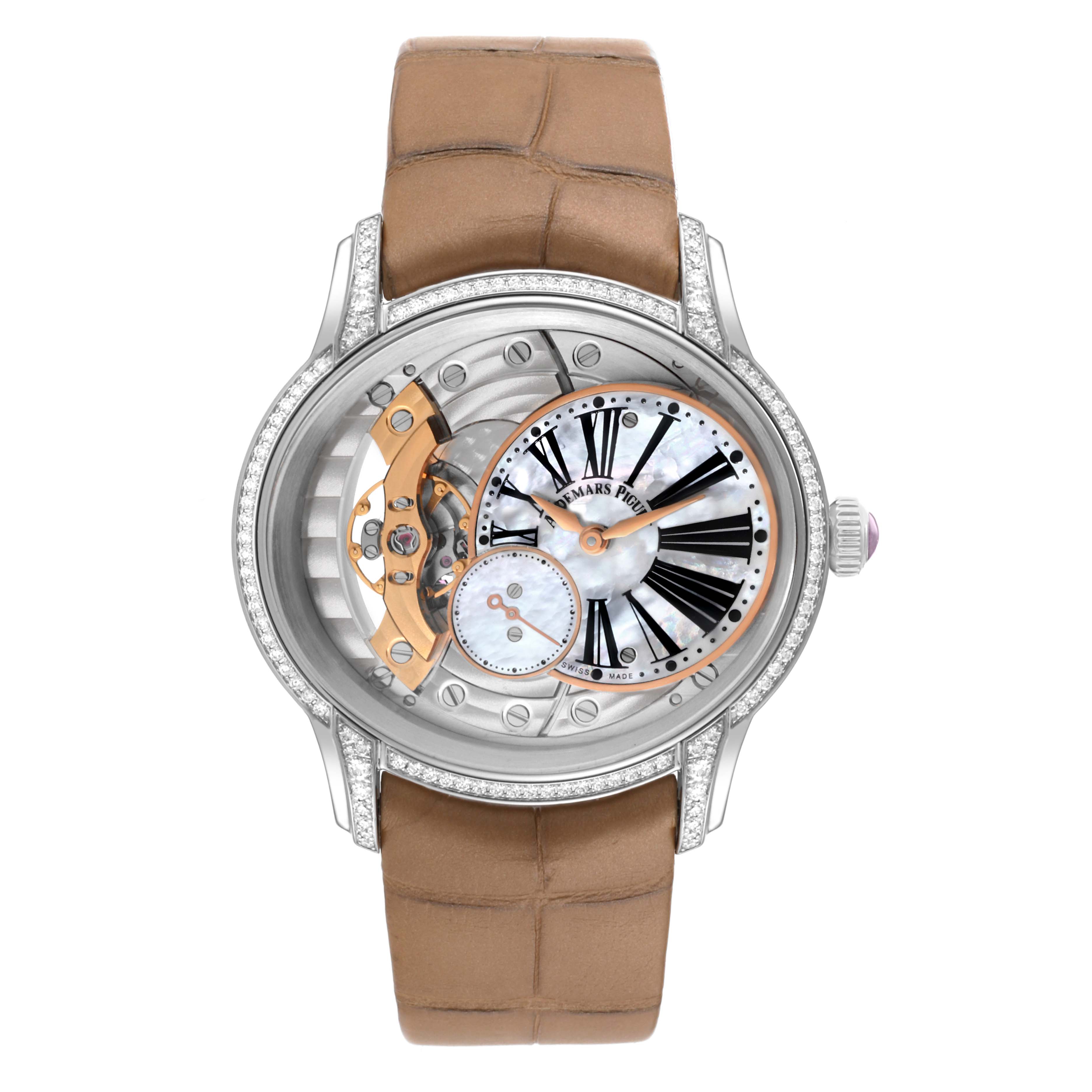 The Audemars Piguet Millenary 77247BC.ZZ.A813CR.01 Women's White Gold Mother of Pearl Dial 77247BC.ZZ.A813CR.01 Women's White Gold Mother of Pearl Dial watch is shown from a front angle, displaying the dial, case, and strap.