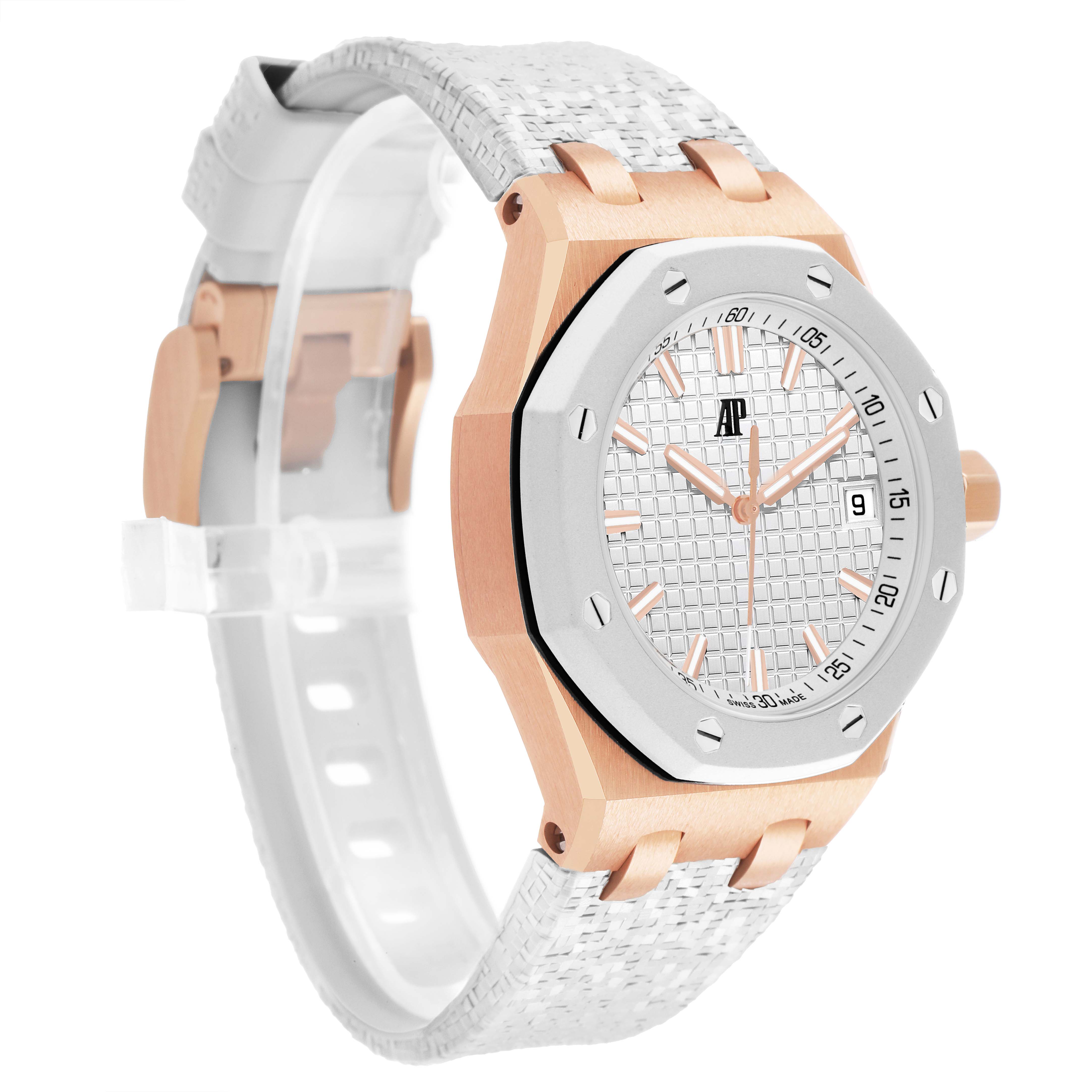 The Audemars Piguet Royal Oak Offshore 77605OK Mens Rose Gold White Dial watch is shown at a side angle, highlighting the case, bezel, dial, and strap.