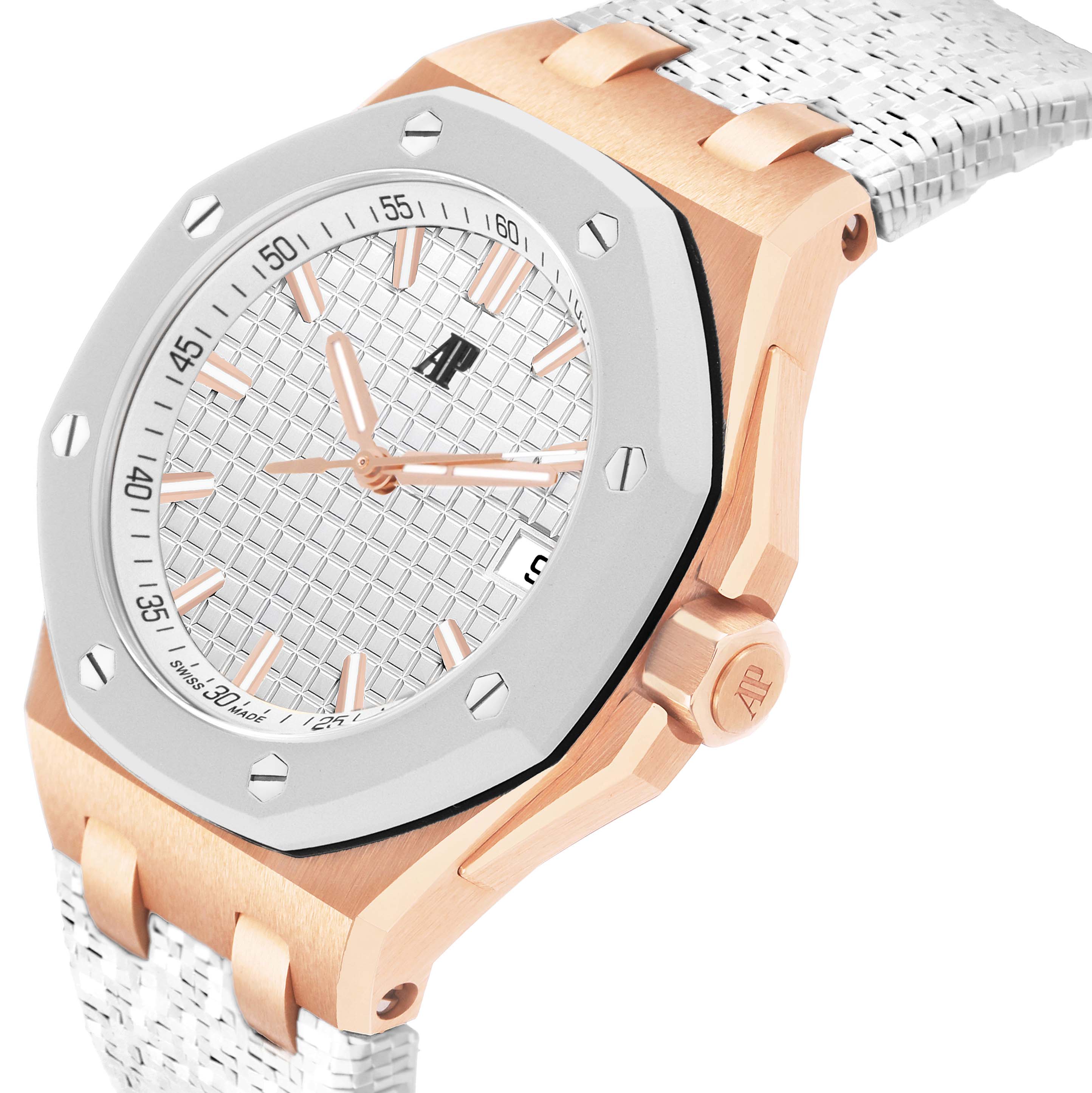 The image shows a close-up of the Audemars Piguet Royal Oak Offshore 77605OK Mens Rose Gold White Dial, highlighting the face, bezel, crown, and strap attachment.