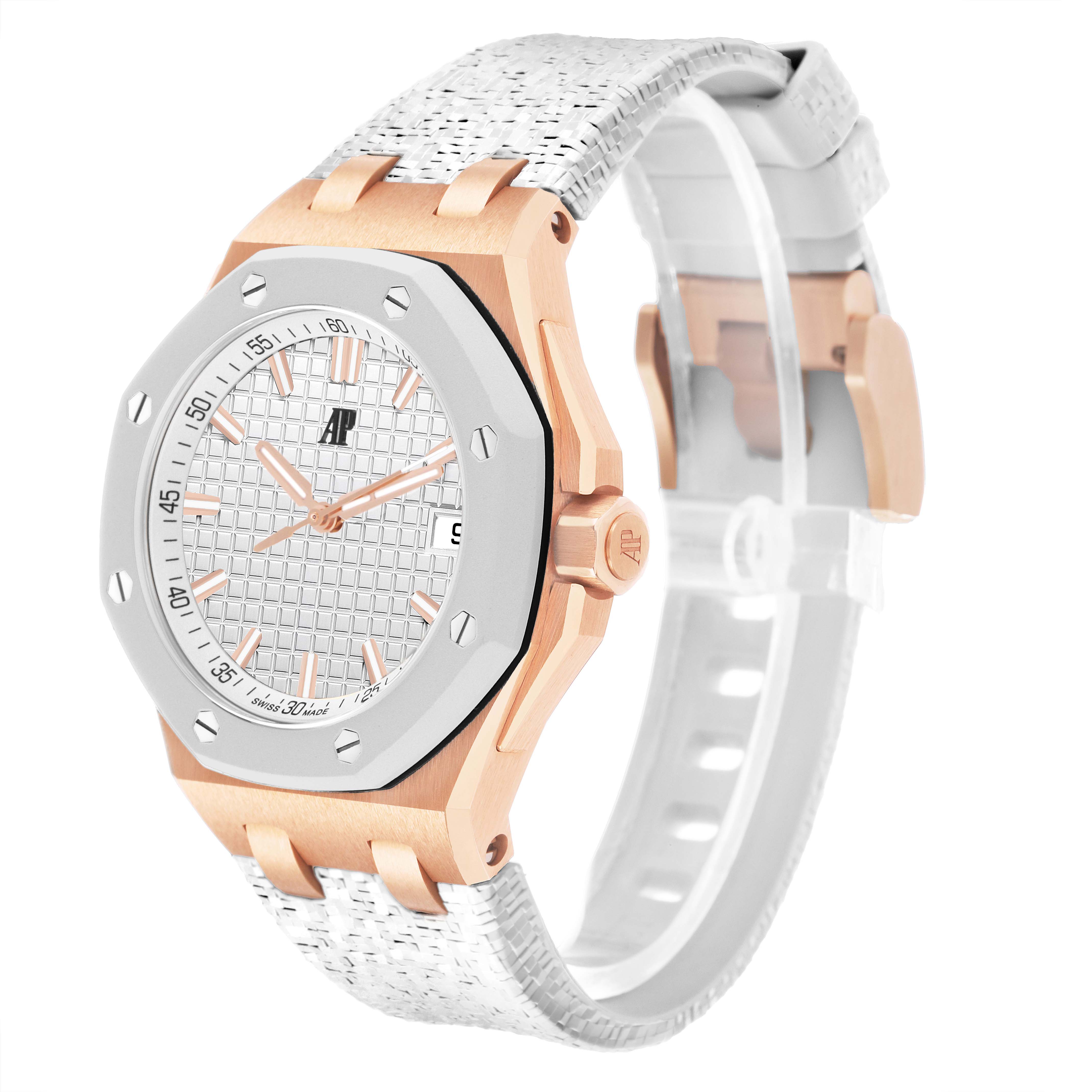 The Audemars Piguet Royal Oak Offshore 77605OK Mens Rose Gold White Dial watch is shown at a front-left angle, displaying the face, bezel, case, crown, and strap.