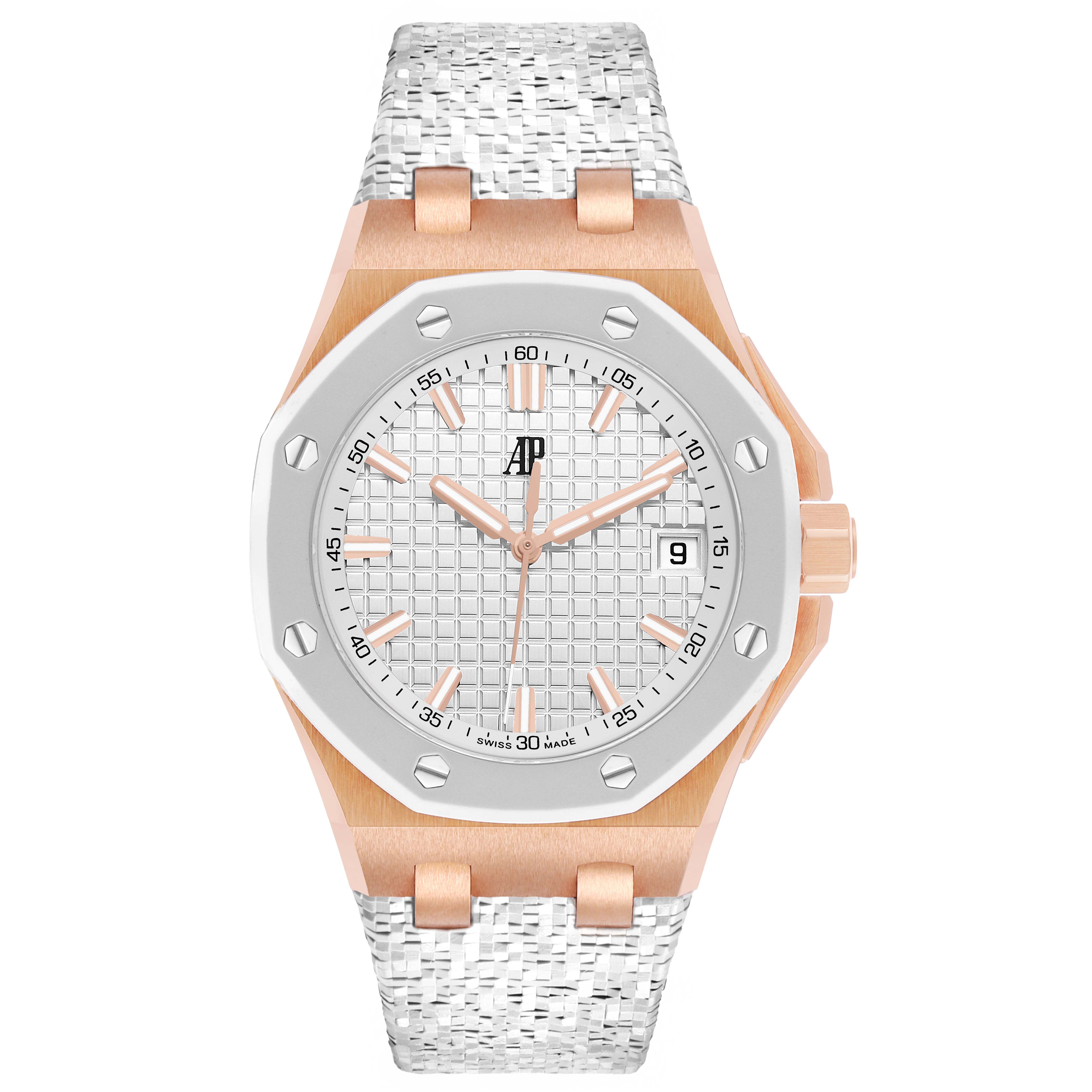 The Audemars Piguet Royal Oak Offshore 77605OK Mens Rose Gold White Dial watch is shown from the front, highlighting its octagonal bezel, dial, and strap.