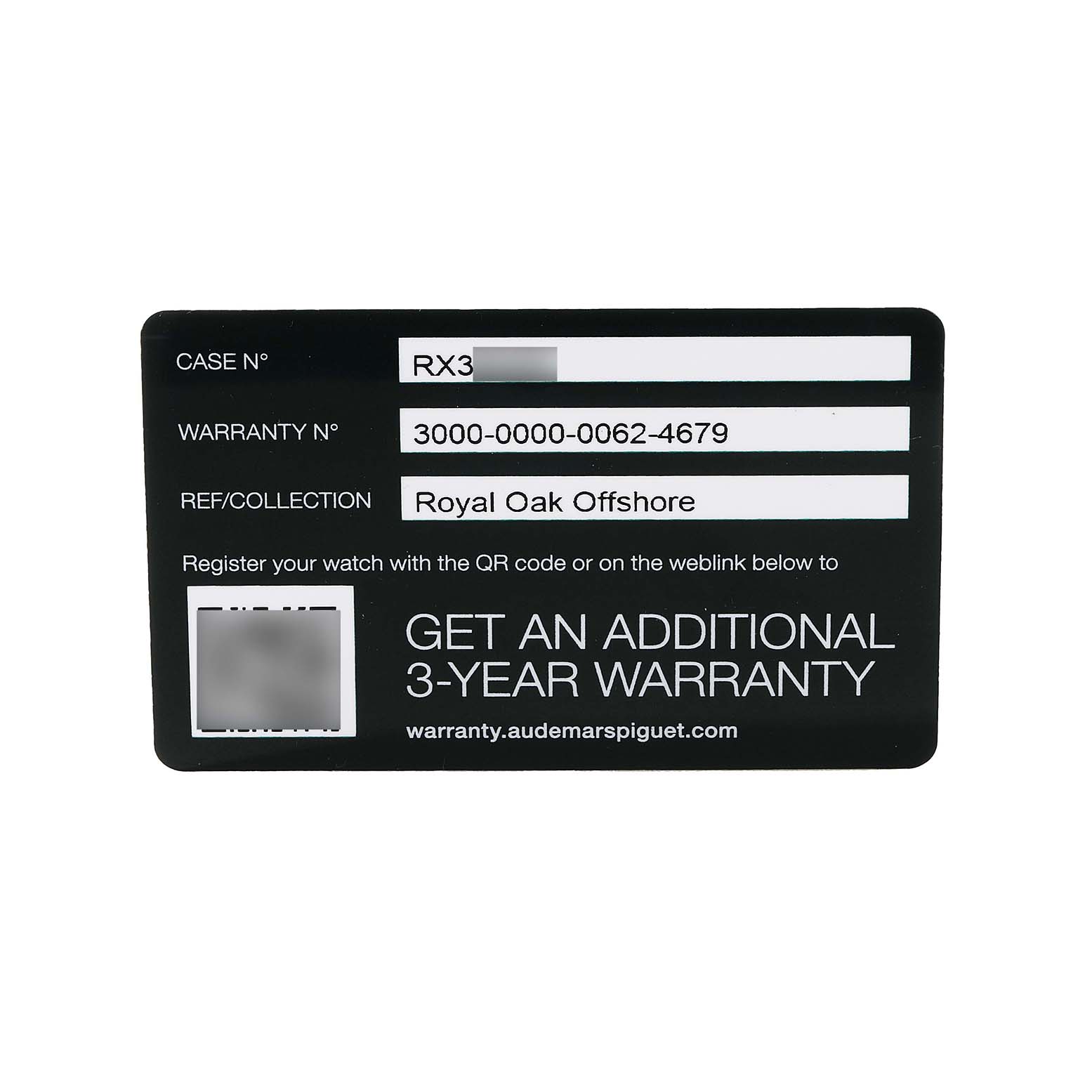 The image shows a warranty card for the Audemars Piguet Royal Oak Offshore 77605OK Mens Rose Gold White Dial model, detailing warranty and case numbers.