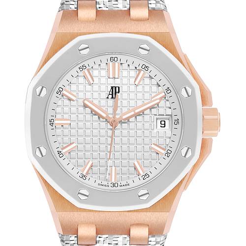 The image shows a front view of the Audemars Piguet Royal Oak Offshore 77605OK Mens Rose Gold White Dial watch, highlighting the dial, bezel, and case.