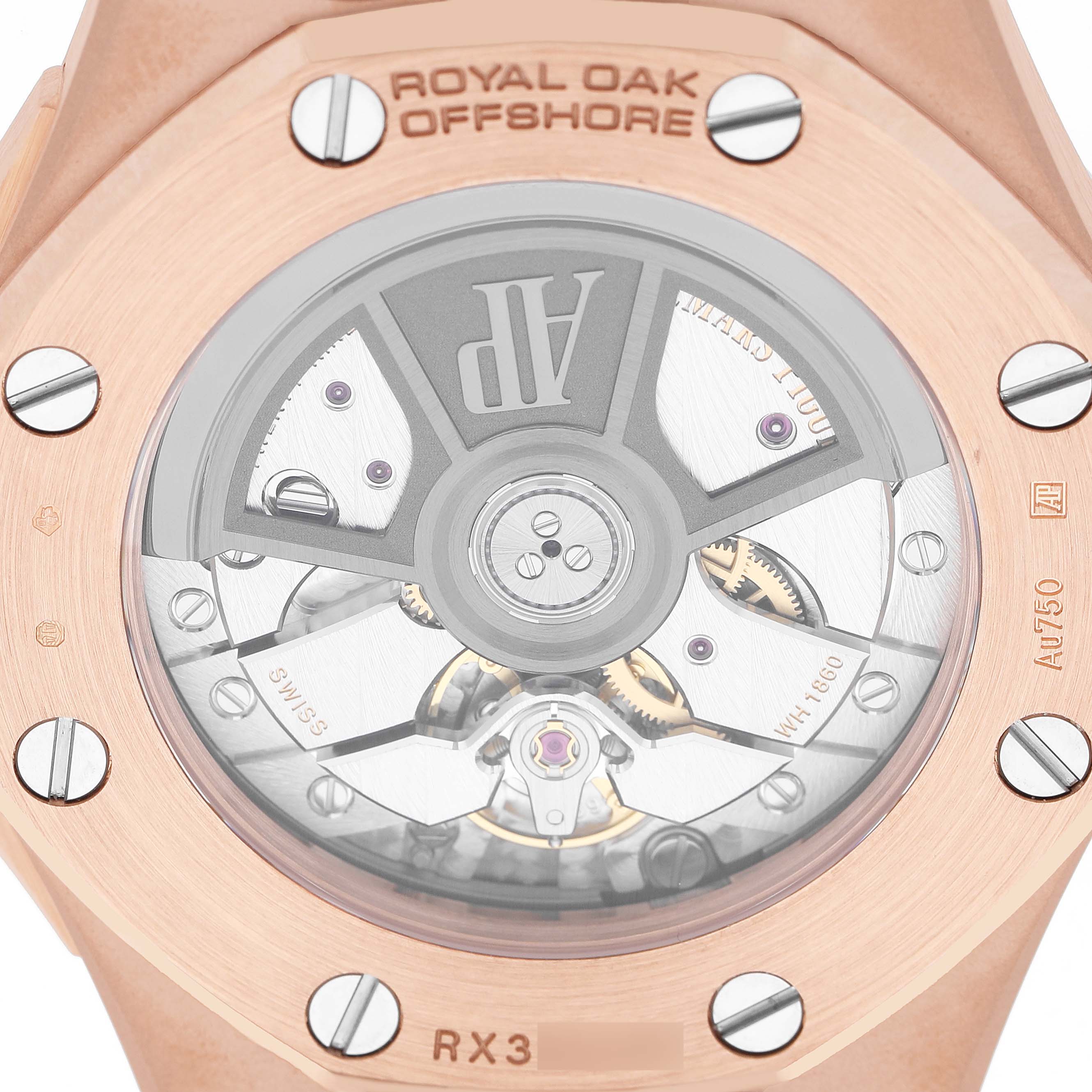 The image shows the case back of the Audemars Piguet Royal Oak Offshore 77605OK Mens Rose Gold White Dial, revealing the automatic movement with visible rotor.
