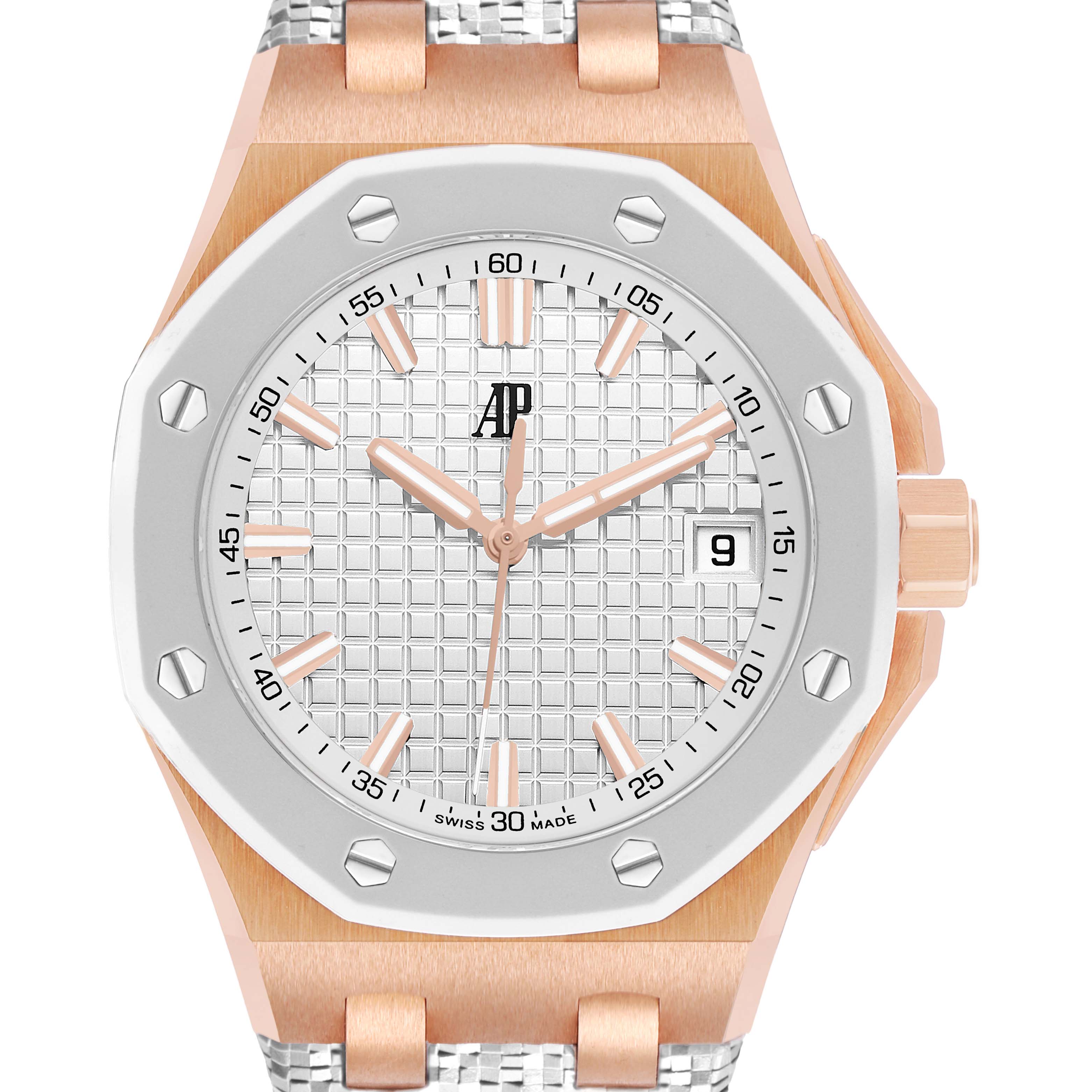 The image shows a frontal view of the Audemars Piguet Royal Oak Offshore 77605OK Mens Rose Gold White Dial, detailing the dial, bezel, and crown.