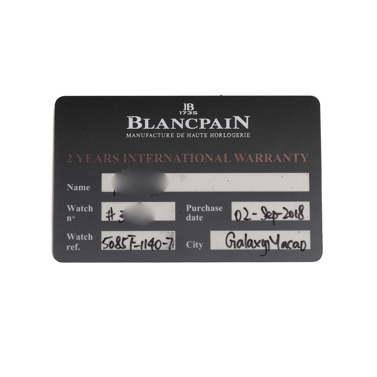 The image shows a Blancpain Fifty Fathoms 5085FB-1140-71B Men's Stainless Steel Blue Dial warranty card, displaying purchase details.