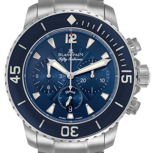 The image shows a front view of the Blancpain Fifty Fathoms 5085FB-1140-71B Mens Stainless Steel Blue Dial watch, highlighting its blue dial, bezel, and chronograph features.