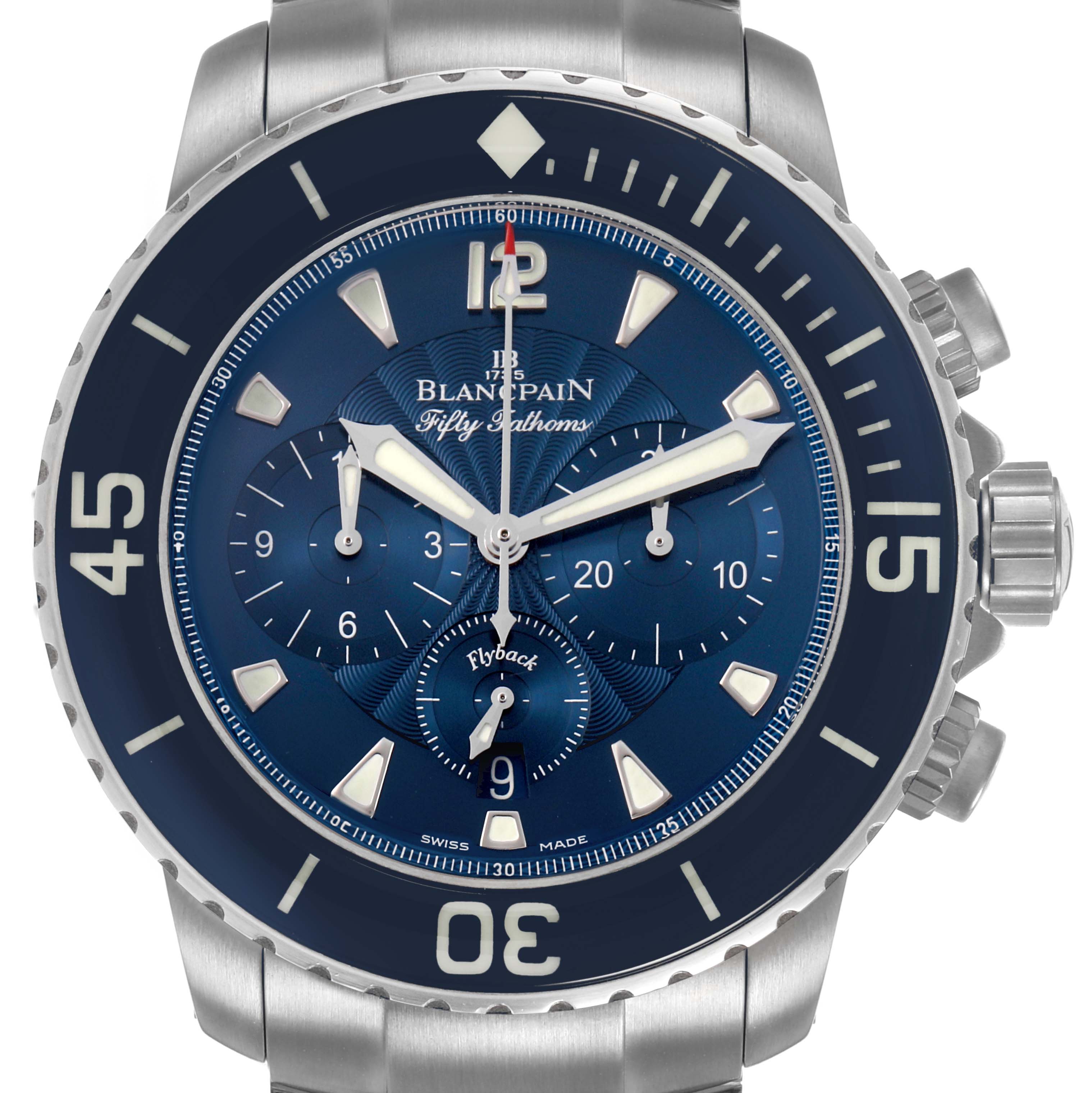 The Blancpain Fifty Fathoms 5085FB-1140-71B Men's Stainless Steel Blue Dial watch is shown from a frontal angle, displaying the face, bezel, and crown.