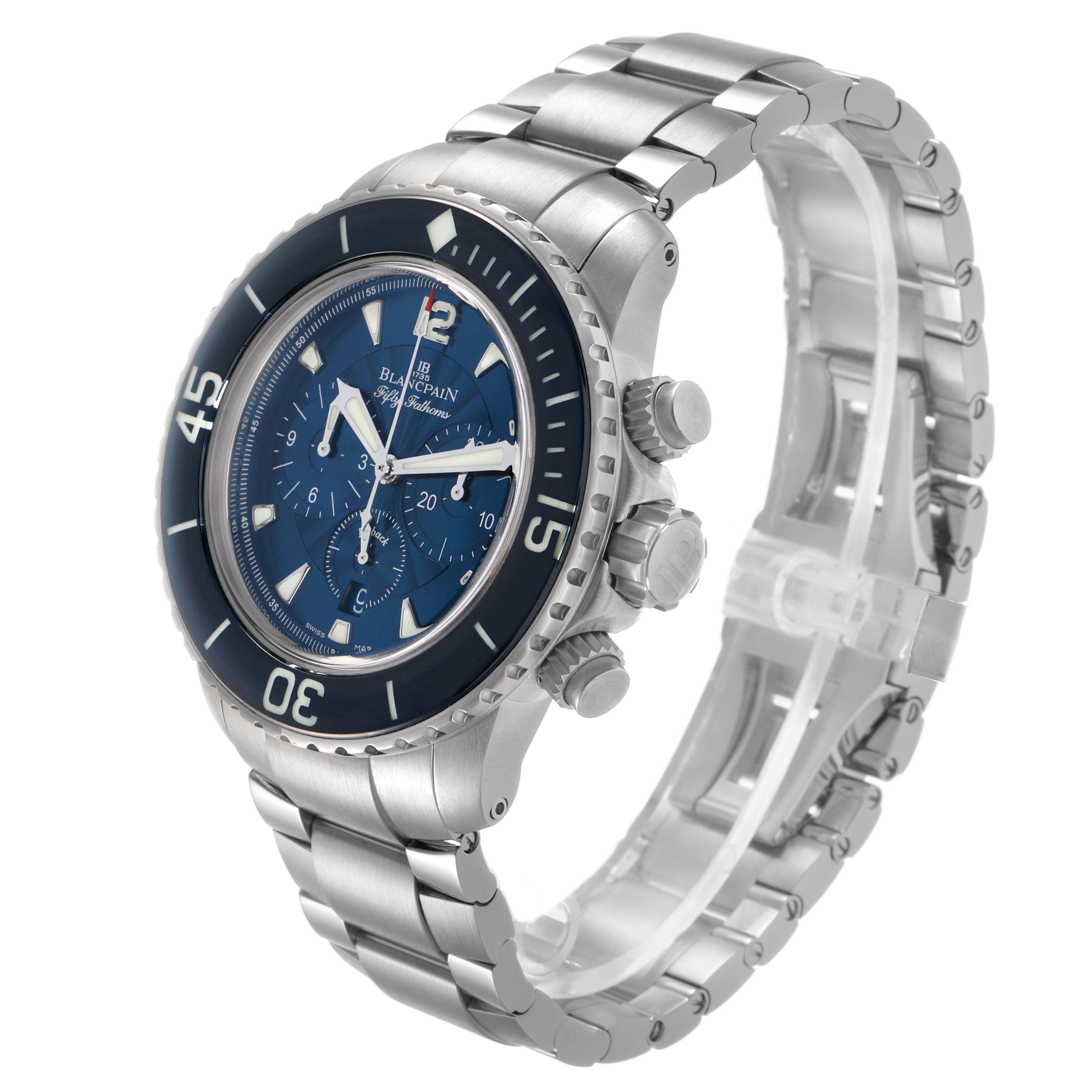 The Blancpain Fifty Fathoms 5085FB-1140-71B Men's Stainless Steel Blue Dial watch is shown from a three-quarter angle highlighting the face, bezel, and stainless steel bracelet.