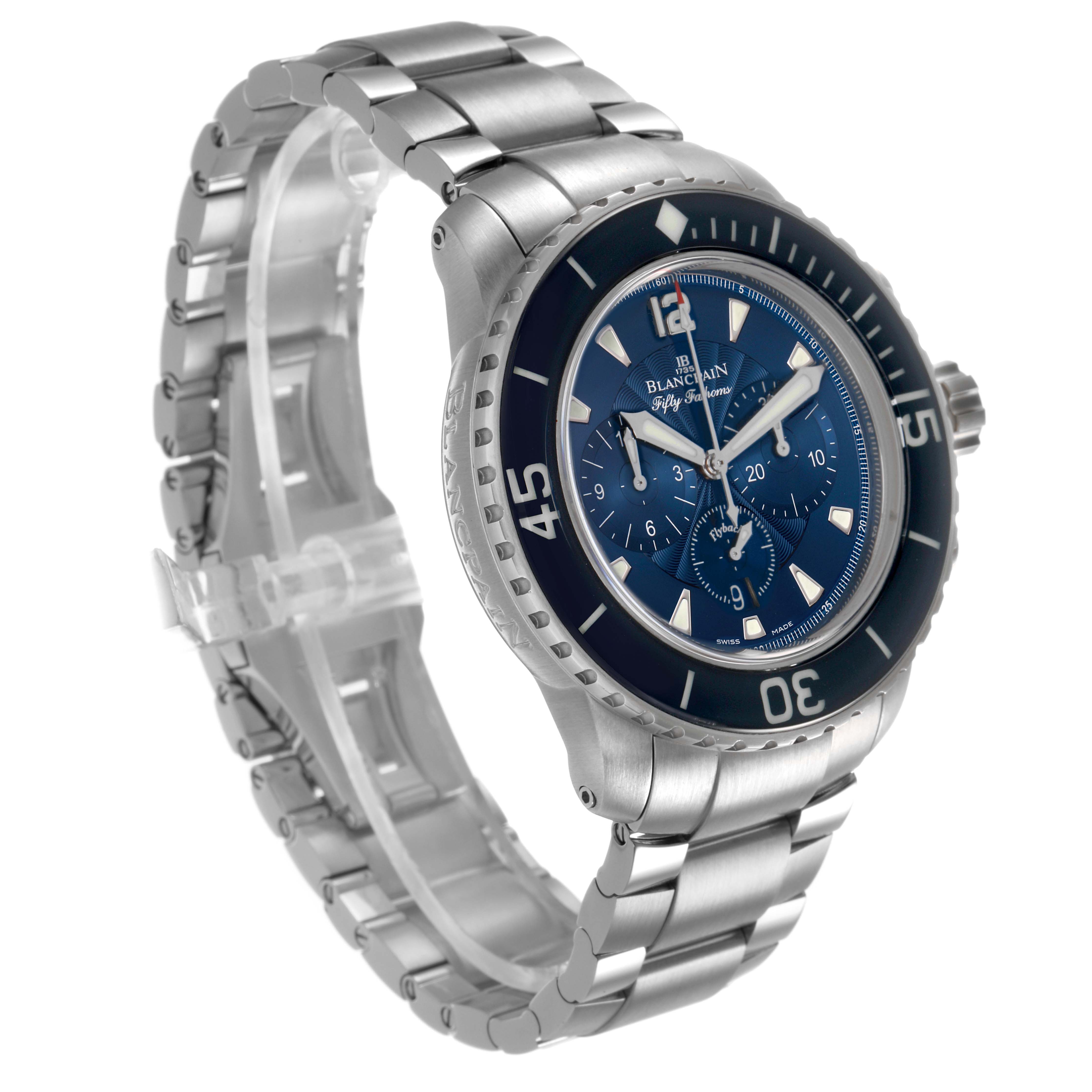 The Blancpain Fifty Fathoms 5085FB-1140-71B Men's Stainless Steel Blue Dial watch is shown at a slight angled side view, displaying the face, bezel, and metal bracelet.