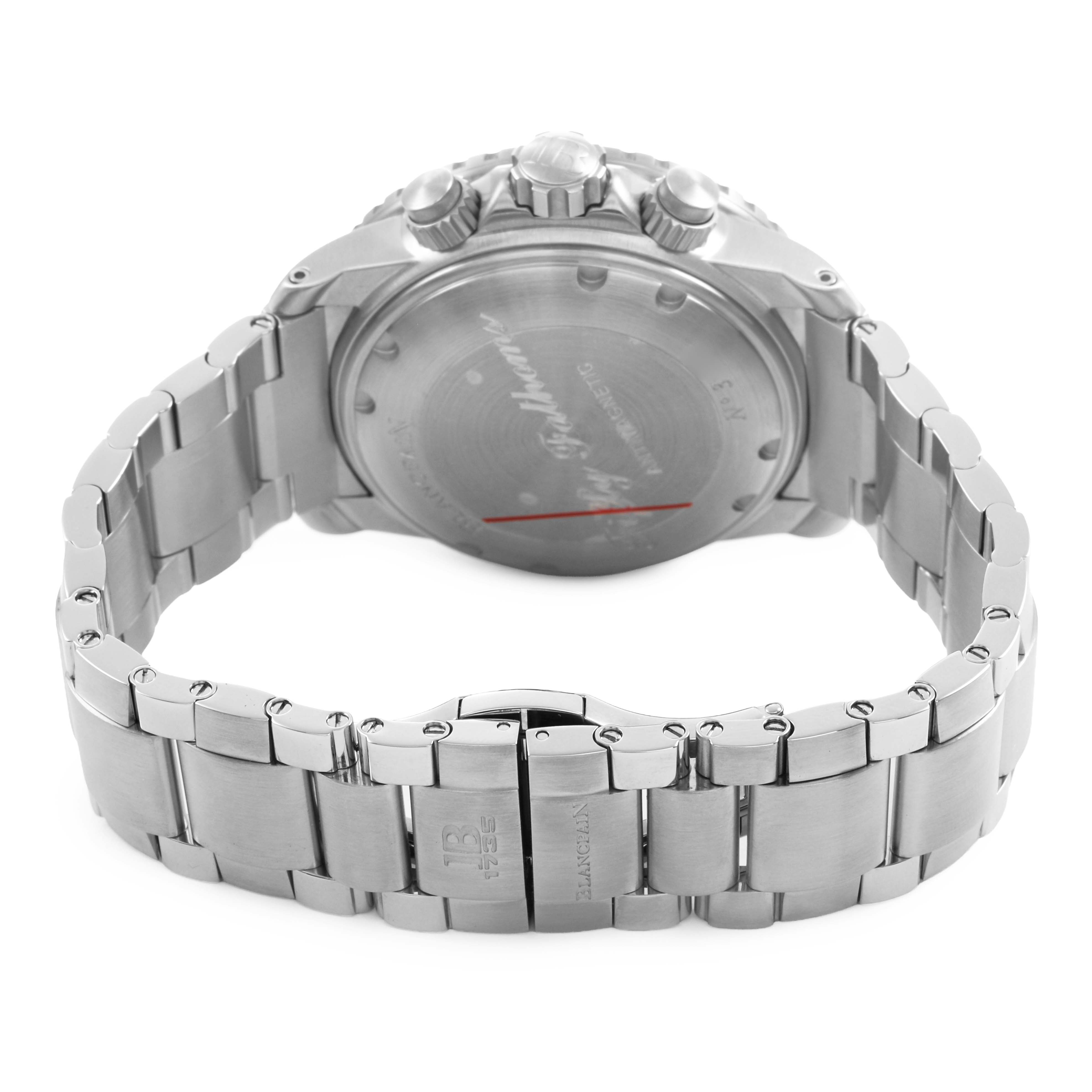 The image shows the back of the Blancpain Fifty Fathoms 5085FB-1140-71B Men's Stainless Steel Blue Dial watch, highlighting its metal bracelet and rear casing.