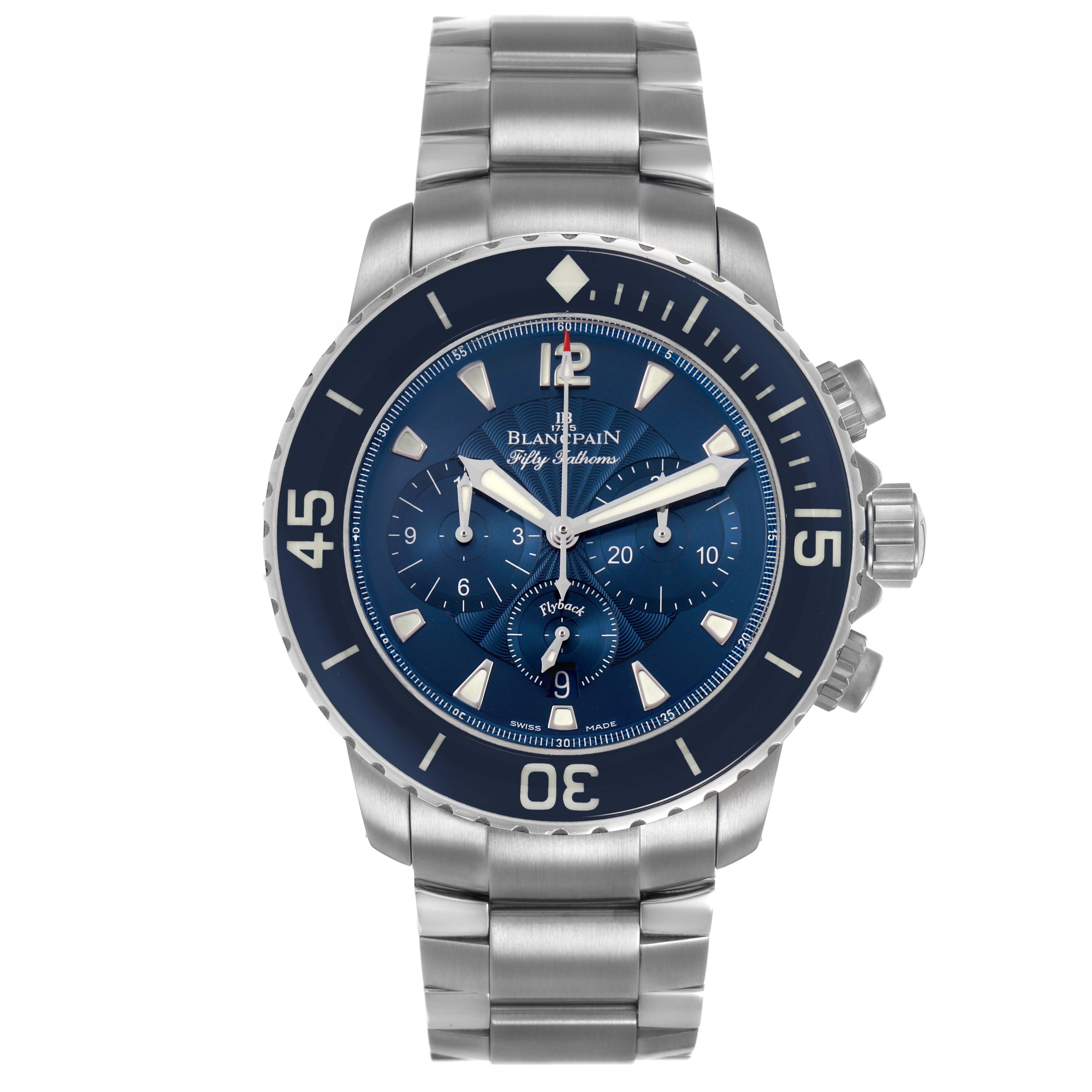 The Blancpain Fifty Fathoms 5085FB-1140-71B Men's Stainless Steel Blue Dial watch is shown from a front angle, highlighting the dial, bezel, and full metal bracelet.