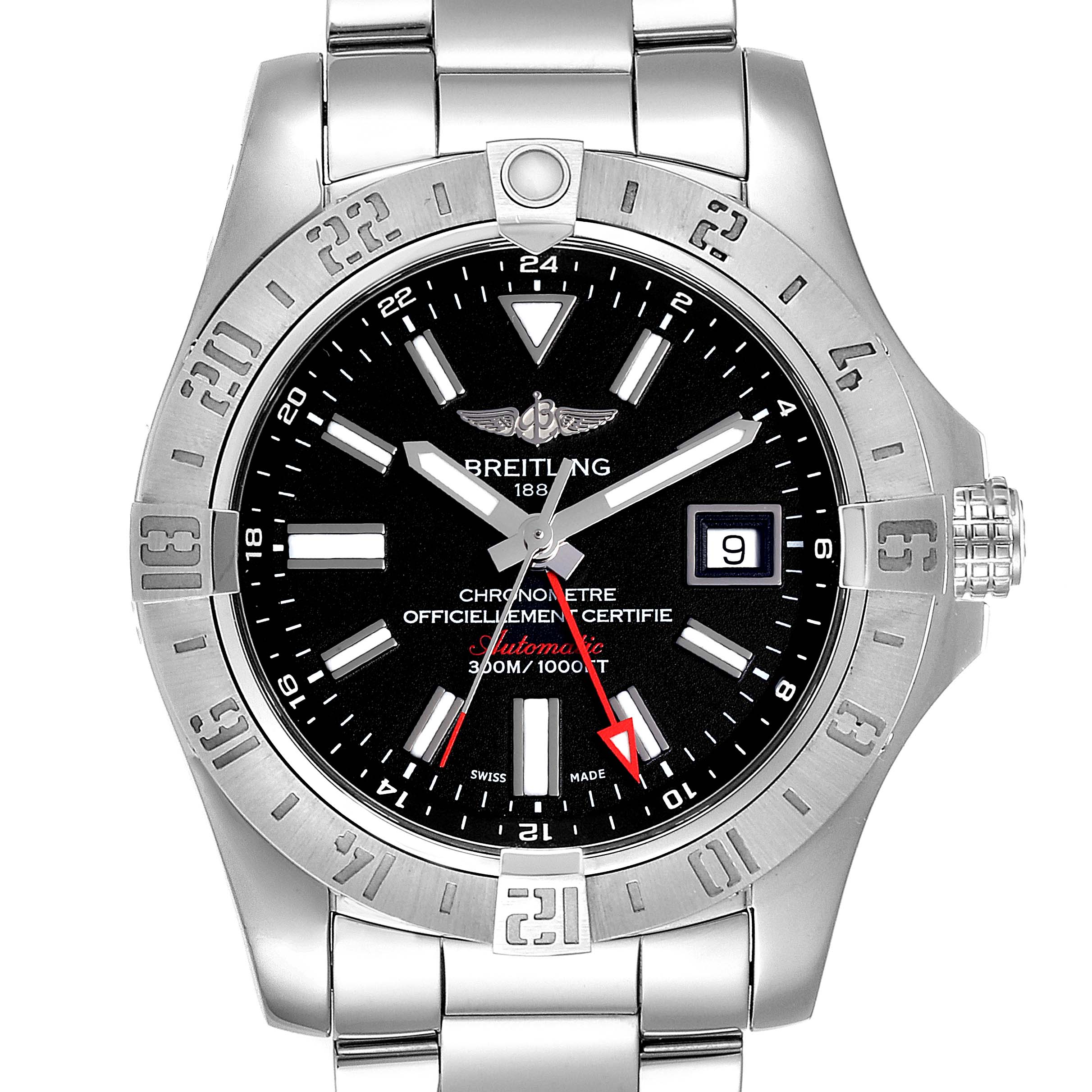 The image shows a front-facing view of a Breitling Avenger A3239011-C872-170A  Men
s Stainless Steel Black Dial A3239011-C872-170A  Men
s Stainless Steel Black Dial watch with a black dial, stainless steel bracelet, and bezel.