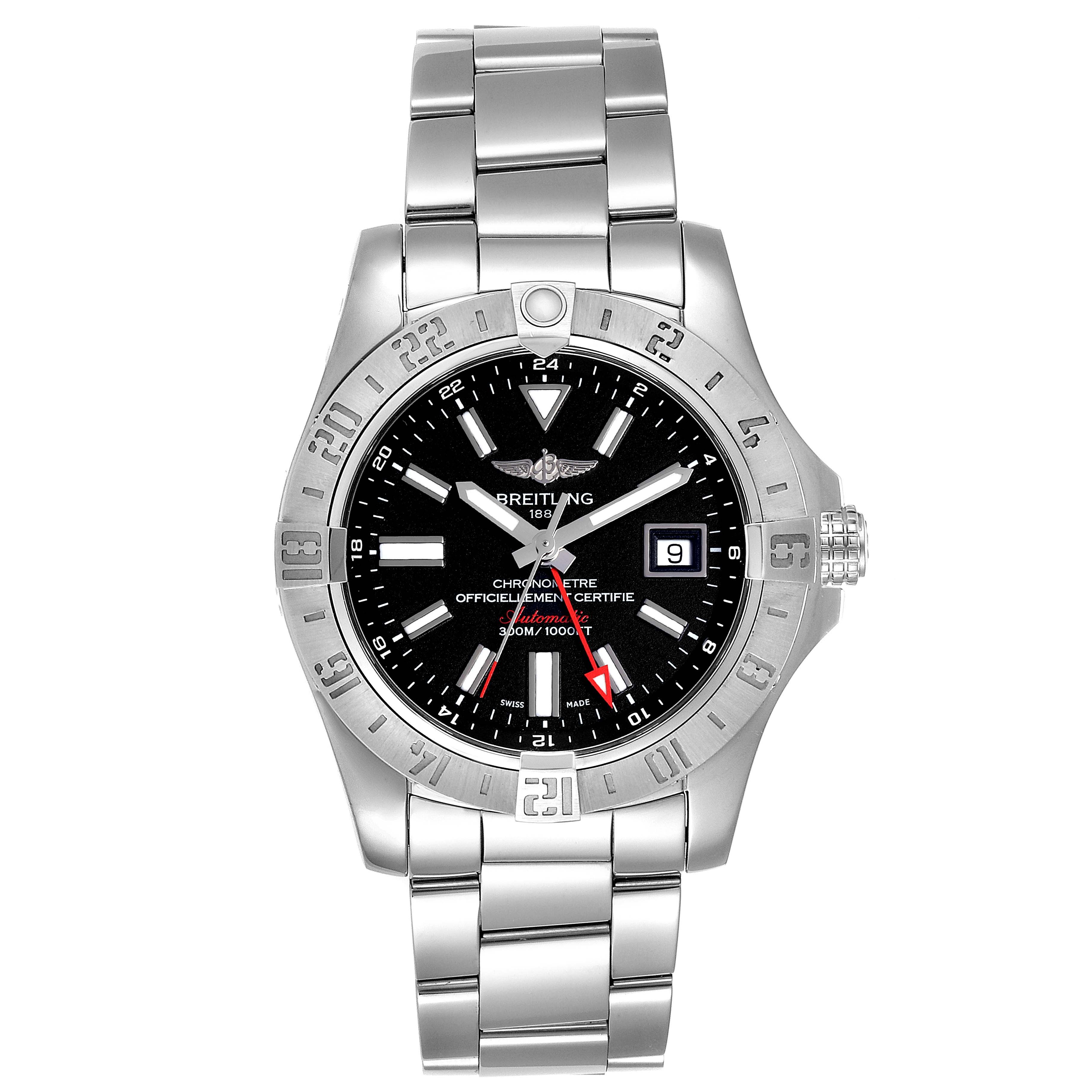 The image shows a frontal view of the Breitling Avenger A3239011-C872-170A  Men
s Stainless Steel Black Dial A3239011-C872-170A  Men
s Stainless Steel Black Dial watch, displaying its face, bezel, and bracelet.