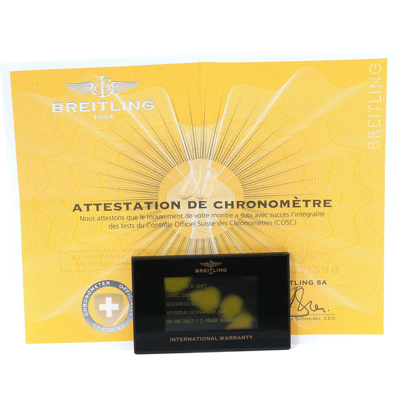 The image displays the warranty card and certificate for the Breitling Avenger A3239011-C872-170A  Men
s Stainless Steel Black Dial A3239011-C872-170A  Men
s Stainless Steel Black Dial model, highlighting chronometer certification.