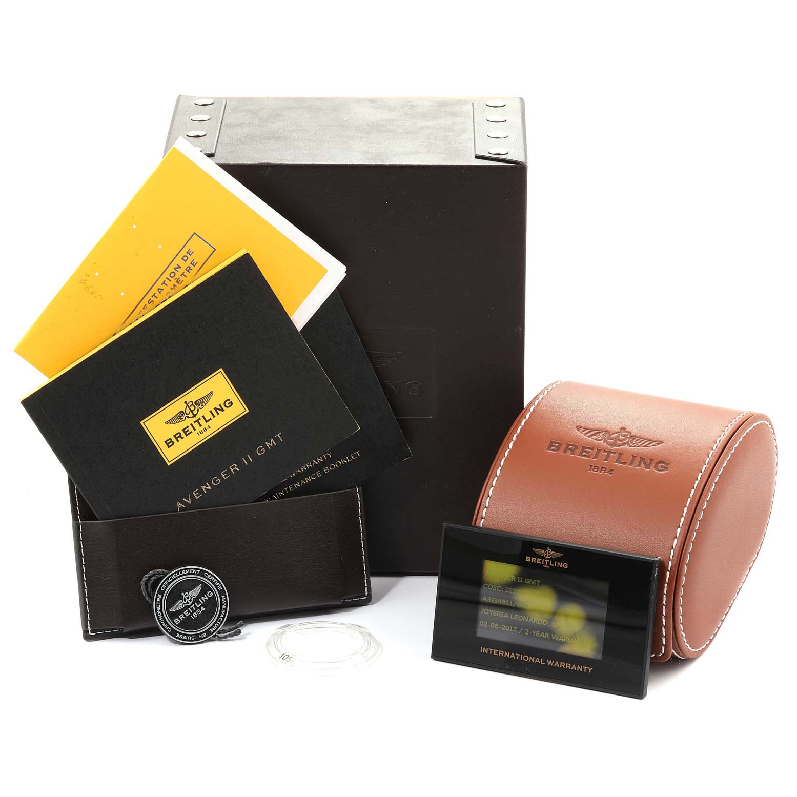 The image shows a Breitling Avenger A3239011-C872-170A  Men
s Stainless Steel Black Dial A3239011-C872-170A  Men
s Stainless Steel Black Dial watch box, booklets, warranty card, tag, and travel case, viewed from a slightly elevated frontal angle.