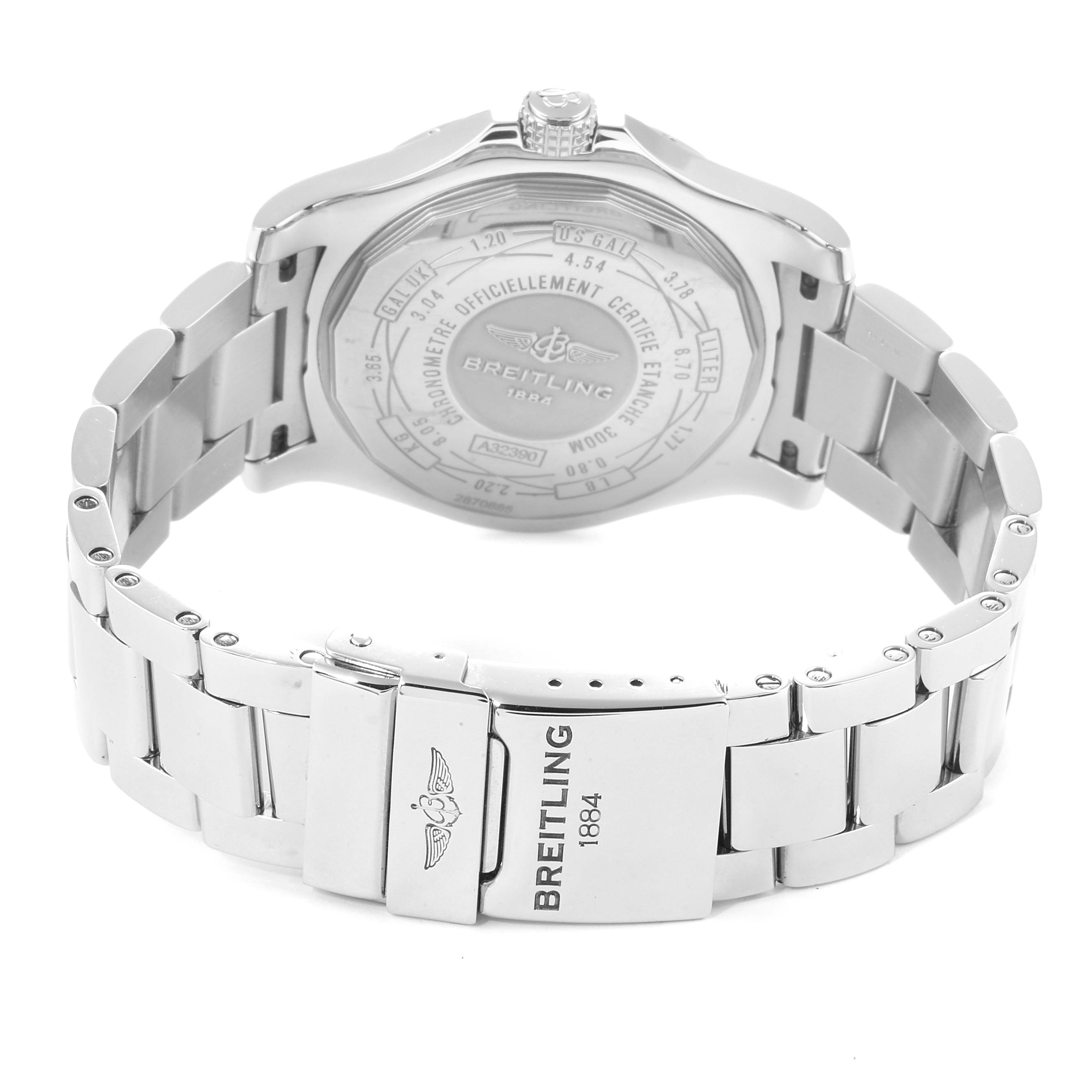 This image shows the back view of a Breitling Avenger A3239011-C872-170A  Men
s Stainless Steel Black Dial A3239011-C872-170A  Men
s Stainless Steel Black Dial watch, focusing on the case back and metal bracelet with the clasp.