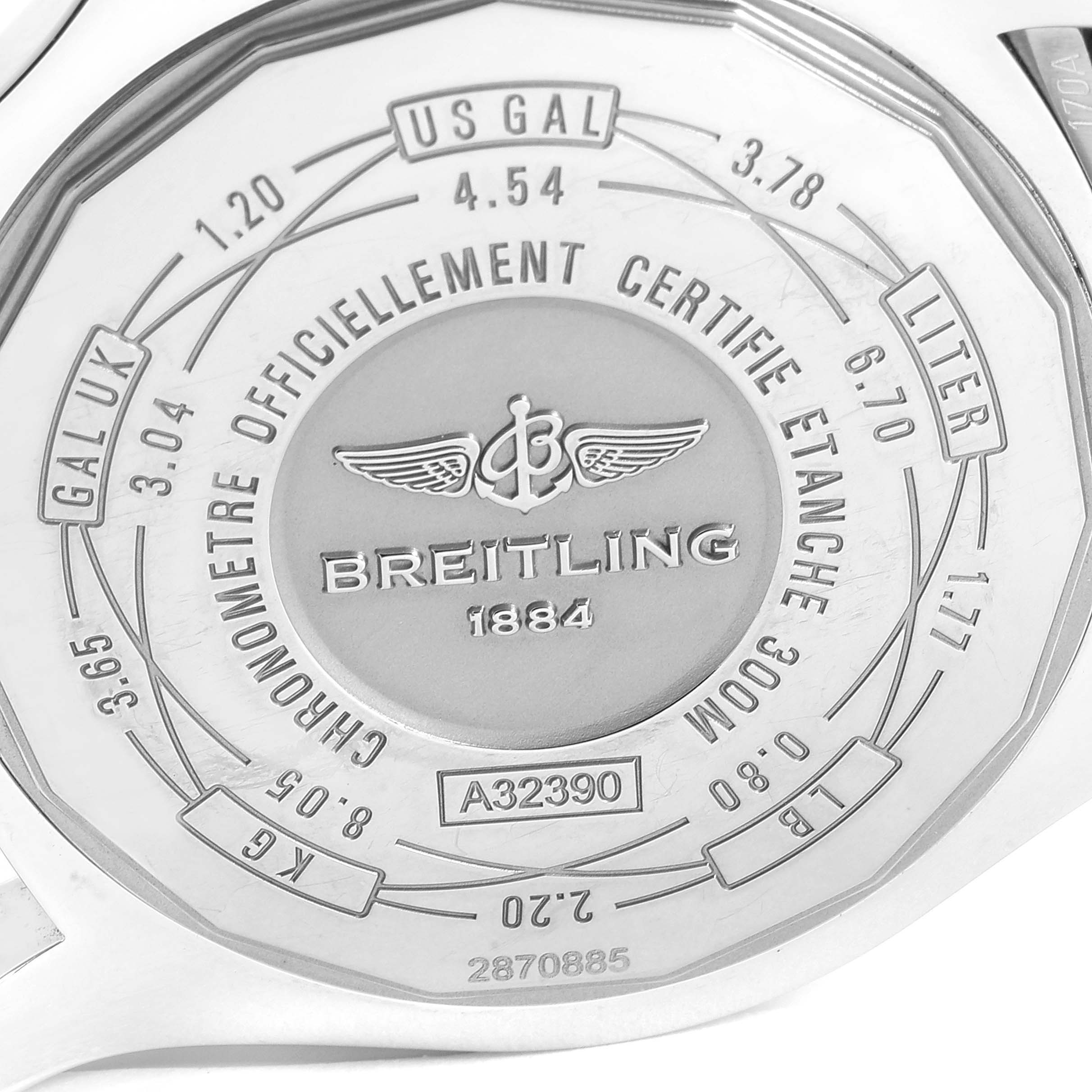 This image shows the case back of a Breitling Avenger A3239011-C872-170A  Men
s Stainless Steel Black Dial A3239011-C872-170A  Men
s Stainless Steel Black Dial watch, displaying various specifications and branding.