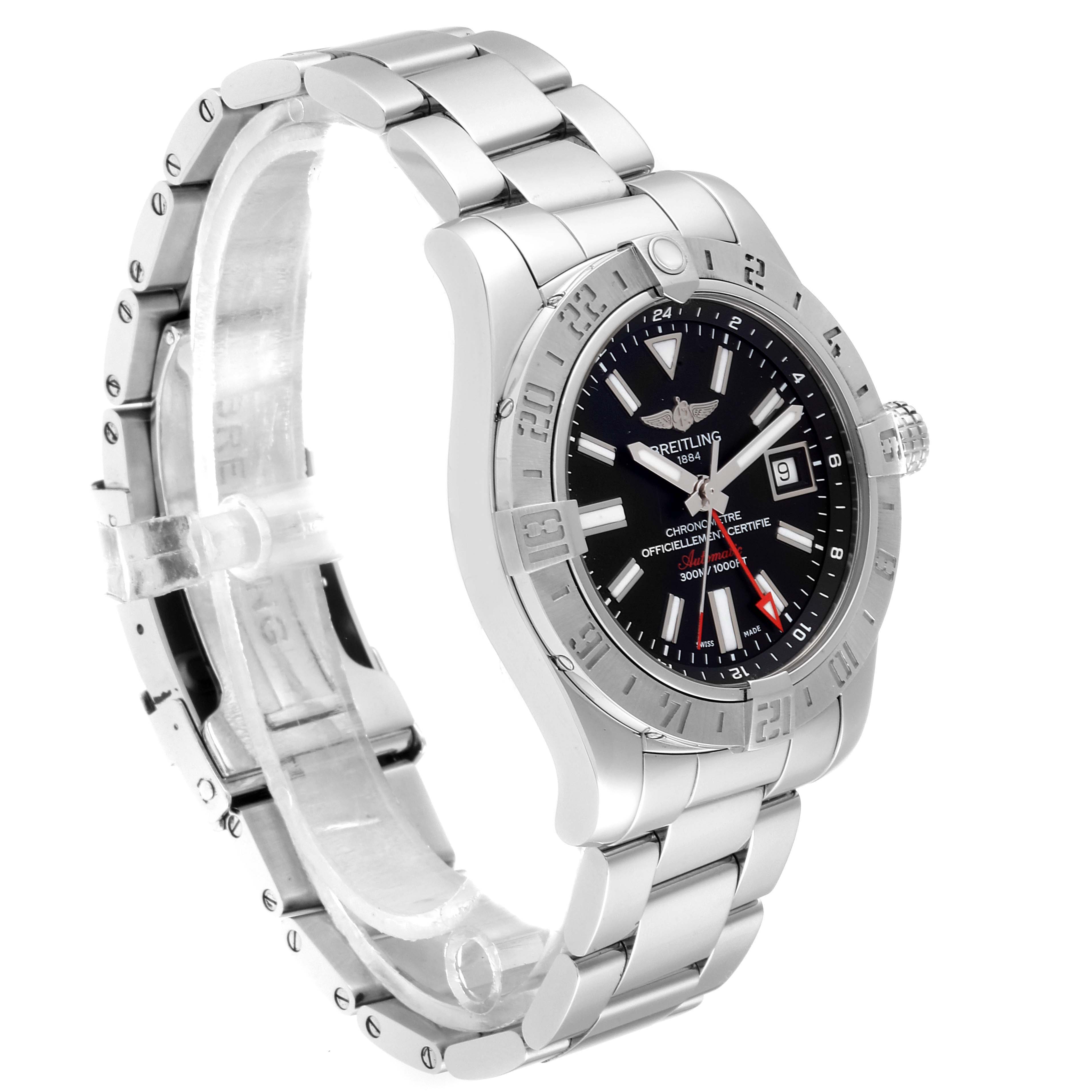The Breitling Avenger A3239011-C872-170A  Men
s Stainless Steel Black Dial A3239011-C872-170A  Men
s Stainless Steel Black Dial watch is shown at an angle displaying its face, bezel, and metal bracelet.