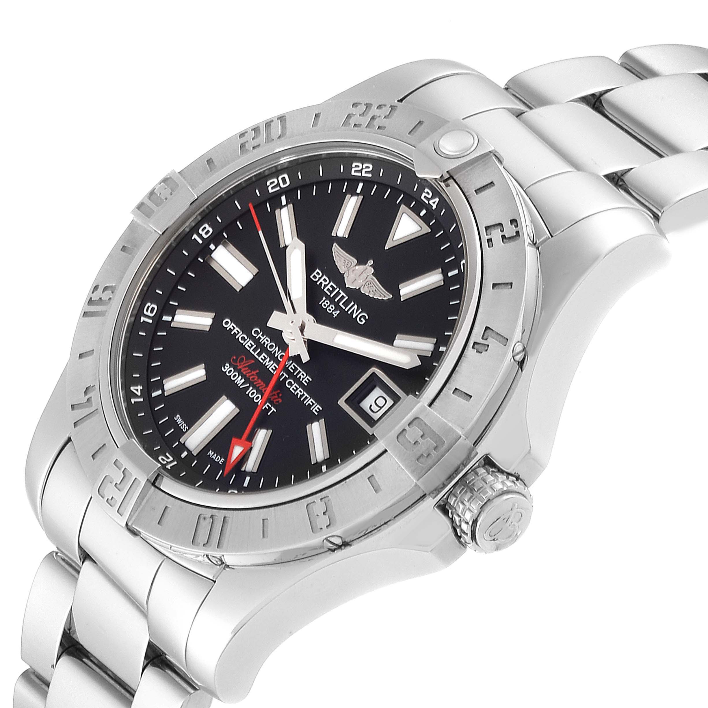 This image of the Breitling Avenger A3239011-C872-170A  Men
s Stainless Steel Black Dial A3239011-C872-170A  Men
s Stainless Steel Black Dial watch shows a close-up of the dial, bezel, crown, and part of the bracelet.