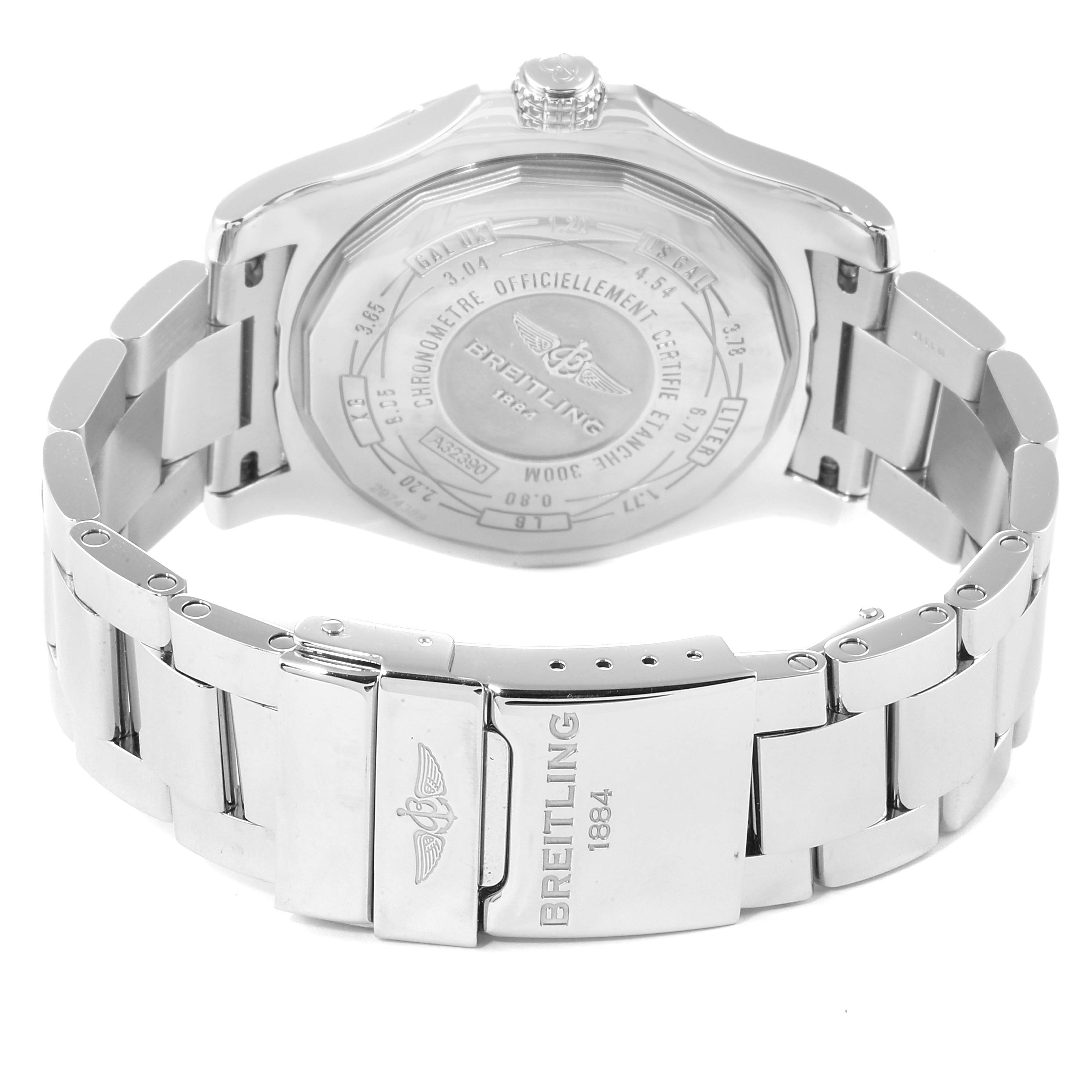 The image shows the back view of the Breitling Avenger A3239011-C872-170A  Men's Stainless Steel Mother of Pearl Dial A3239011-C872-170A  Men's Stainless Steel Mother of Pearl Dial watch, highlighting the case back and metal bracelet.