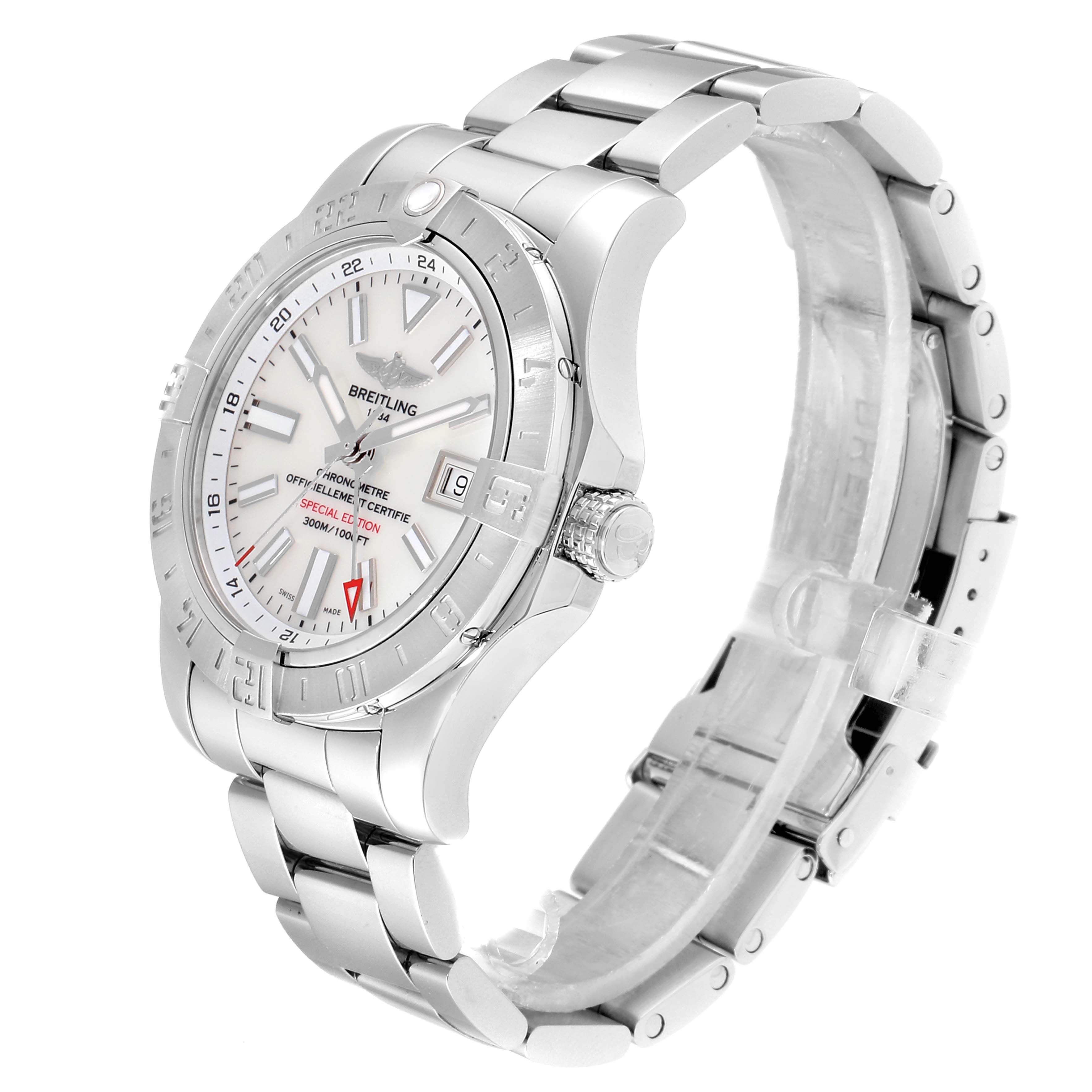 The image shows a side angle of a Breitling Avenger A3239011-C872-170A  Men's Stainless Steel Mother of Pearl Dial A3239011-C872-170A  Men's Stainless Steel Mother of Pearl Dial watch, highlighting its face, bezel, crown, and stainless steel bracelet.