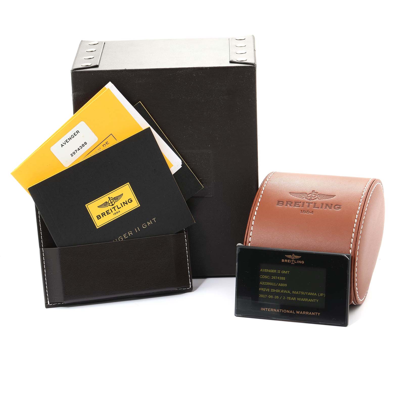 The image shows the packaging and accessories for the Breitling Avenger A3239011-C872-170A  Men's Stainless Steel Mother of Pearl Dial A3239011-C872-170A  Men's Stainless Steel Mother of Pearl Dial, including a leather box, warranty card, and manuals.