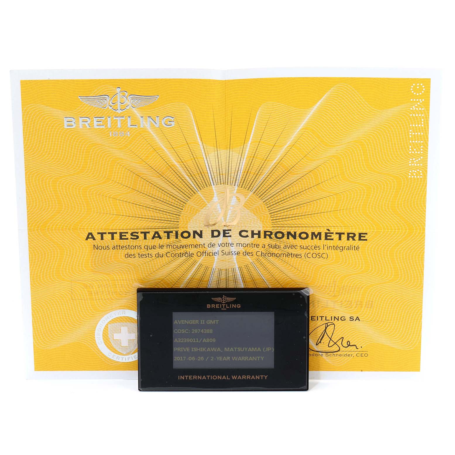 The image shows a Breitling Avenger A3239011-C872-170A  Men's Stainless Steel Mother of Pearl Dial A3239011-C872-170A  Men's Stainless Steel Mother of Pearl Dial model certificate and international warranty card.