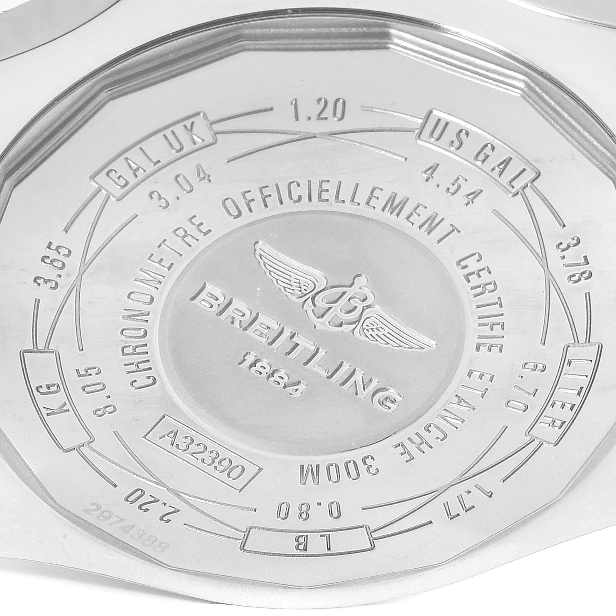 The image shows the engraved back case of a Breitling Avenger A3239011-C872-170A  Men's Stainless Steel Mother of Pearl Dial A3239011-C872-170A  Men's Stainless Steel Mother of Pearl Dial watch, highlighting various certification details.