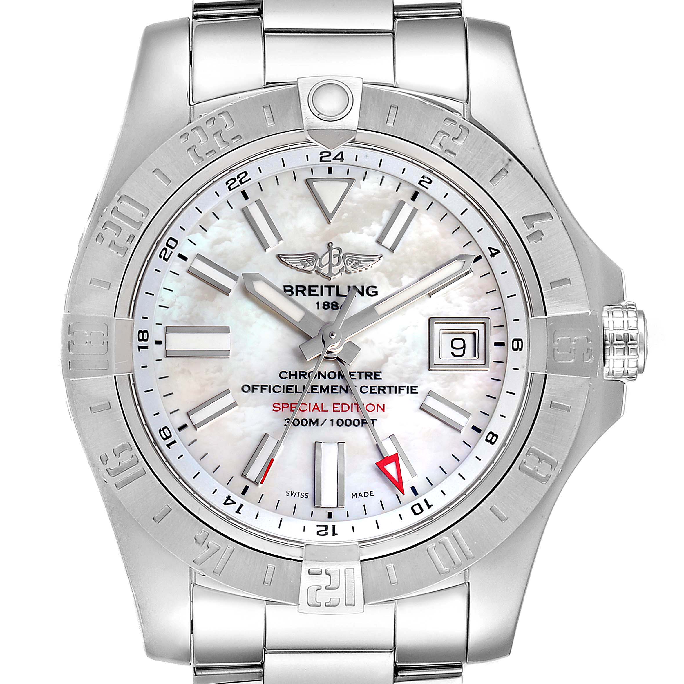 This image shows a front view of a Breitling Avenger A3239011-C872-170A  Men's Stainless Steel Mother of Pearl Dial A3239011-C872-170A  Men's Stainless Steel Mother of Pearl Dial watch displaying its face, bezel, and part of the bracelet.