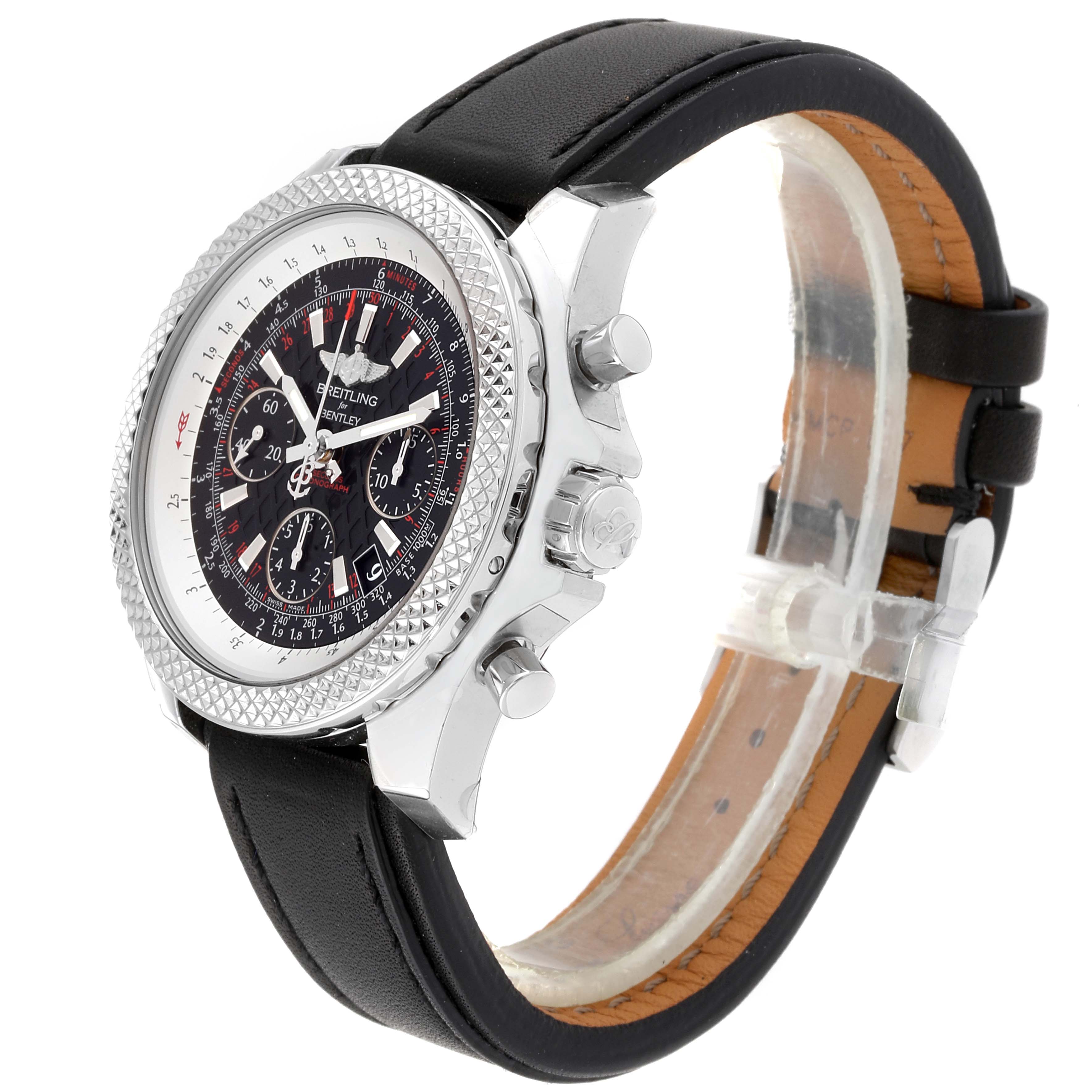 The image shows a side view of a Breitling Bentley AB061221/BD93 Men's Stainless Steel Black Dial AB061221/BD93 Men's Stainless Steel Black Dial watch, highlighting the bezel, crown, pushers, and leather strap.