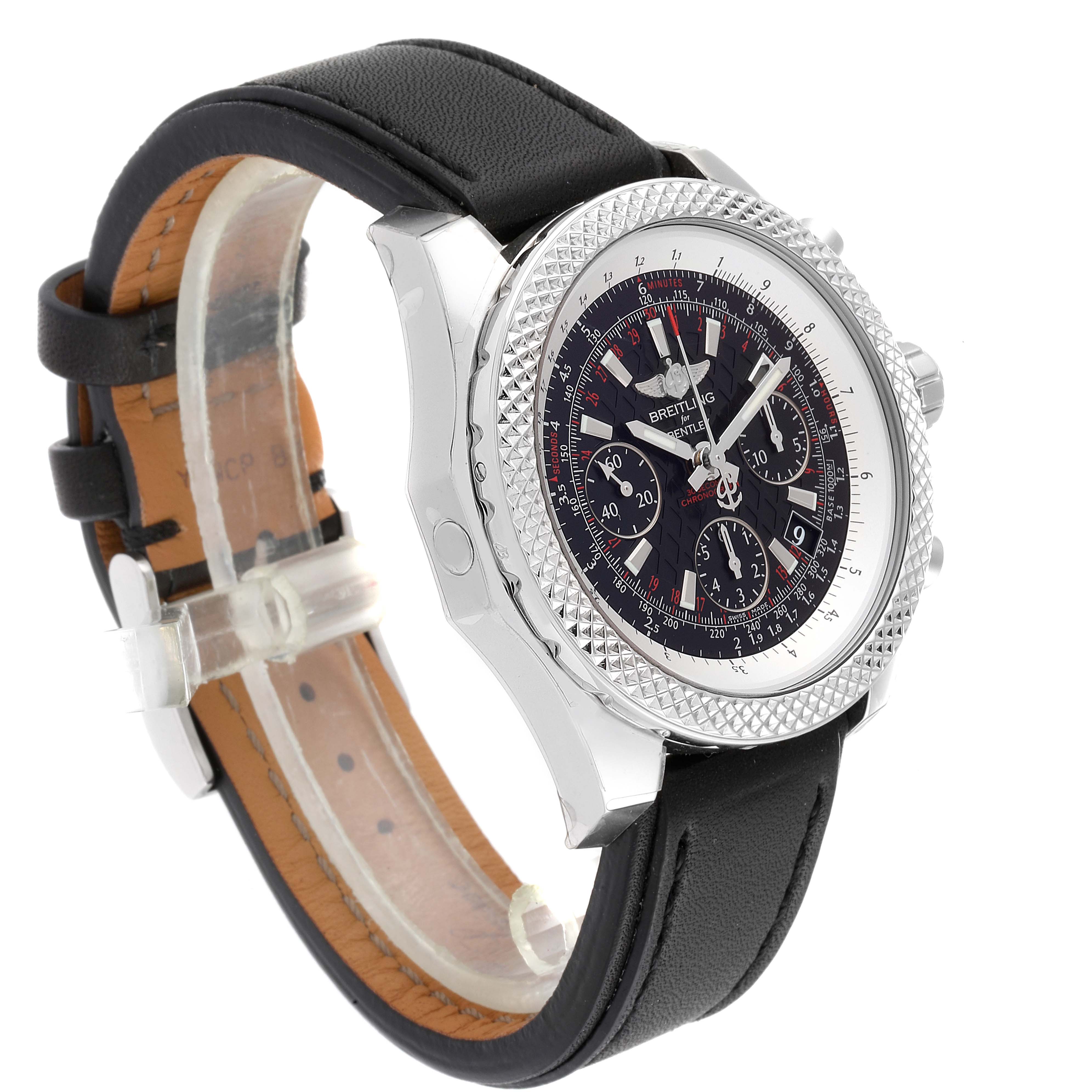 The image shows a Breitling Bentley AB061221/BD93 Men's Stainless Steel Black Dial AB061221/BD93 Men's Stainless Steel Black Dial watch at an angle displaying its face, side profile, and black leather strap.