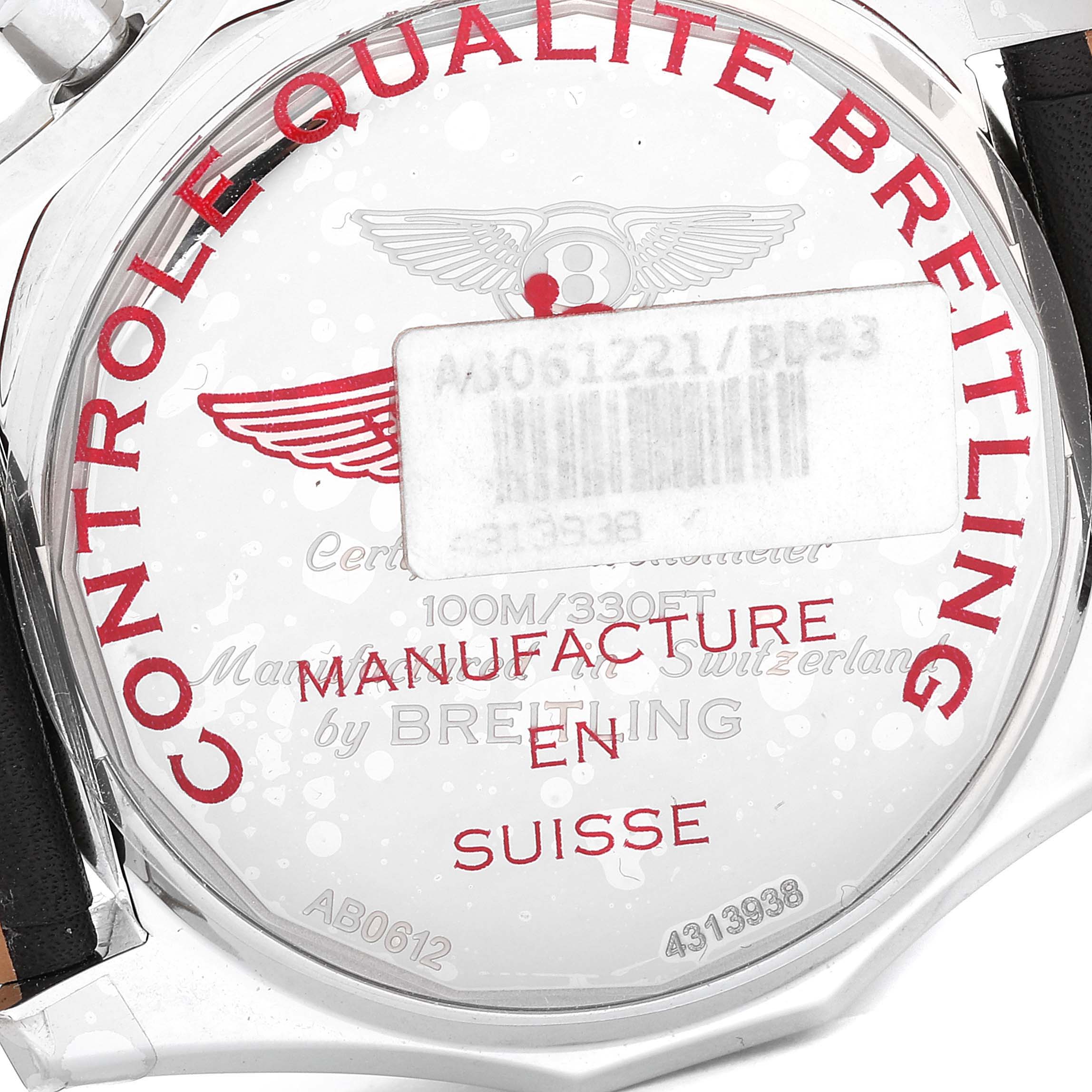 The image shows the back case of the Bentley model watch by Breitling, highlighting the manufacturer's details and quality control text.
