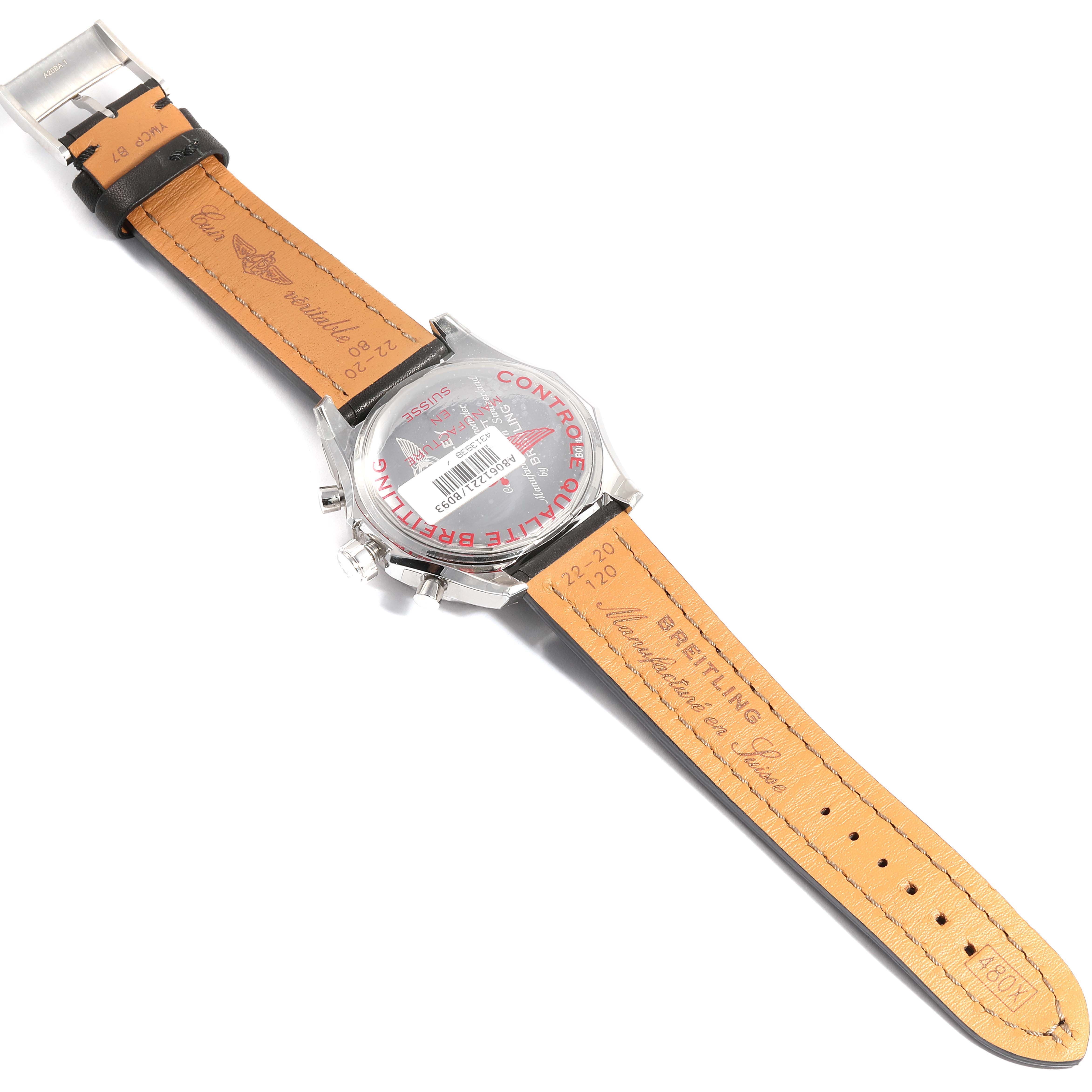 The image shows the back view of the Breitling Bentley AB061221/BD93 Men's Stainless Steel Black Dial AB061221/BD93 Men's Stainless Steel Black Dial watch with its leather strap and case back visible.