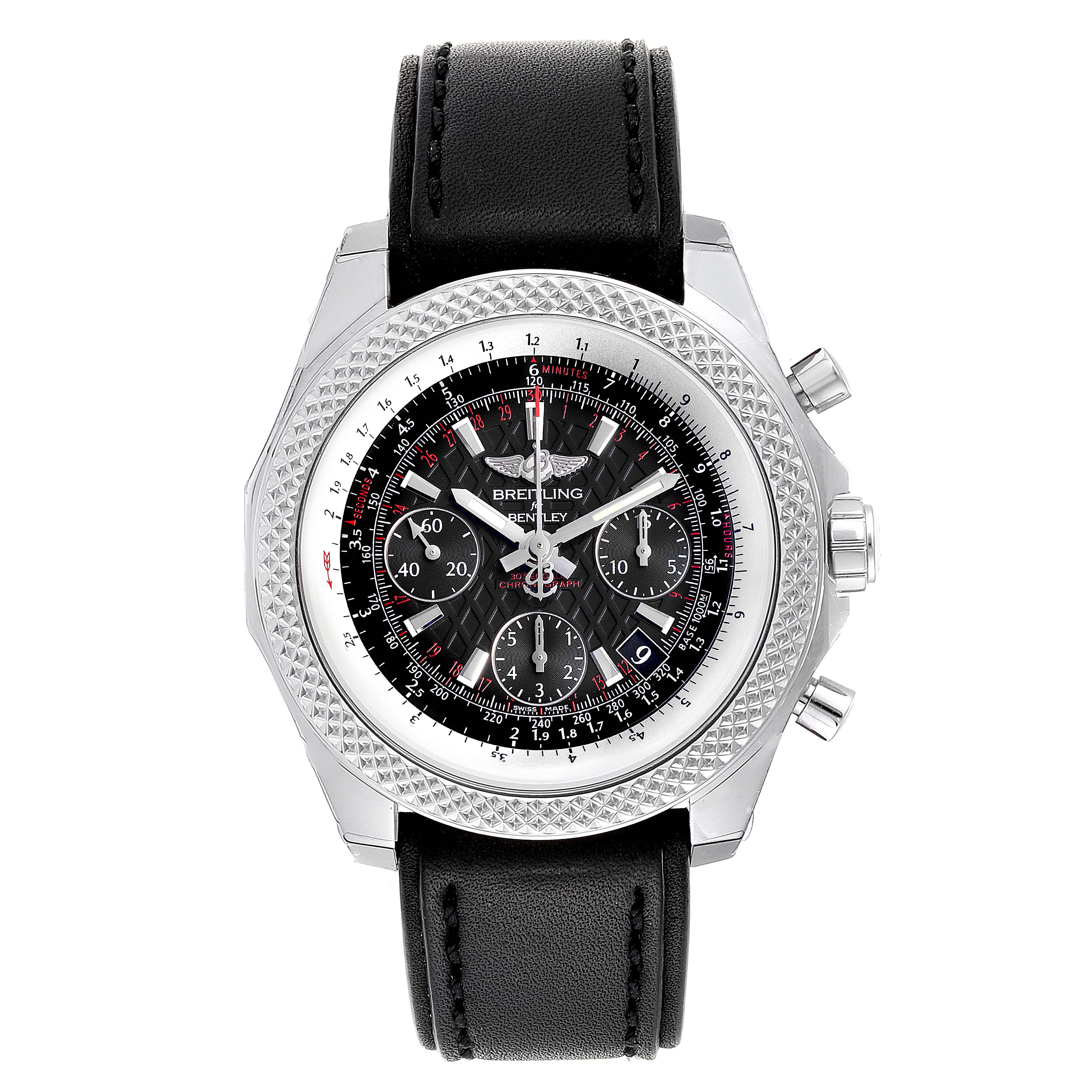 The image shows a Breitling Bentley AB061221/BD93 Men's Stainless Steel Black Dial AB061221/BD93 Men's Stainless Steel Black Dial watch from a front angle, highlighting its black strap, intricate dial, and metallic bezel.